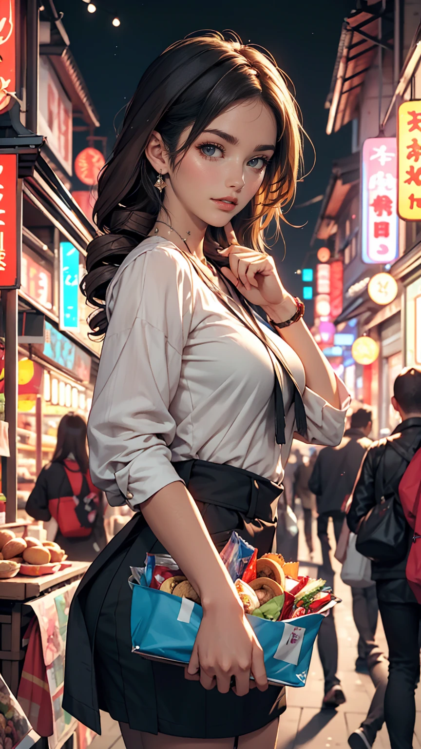 Vibrant night market. Woman wearing casual clothes, Carrying snacks, Her face is full of joy and satisfaction、Double vertical roll((twin drills))