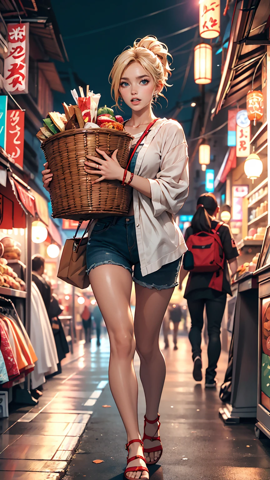 Vibrant night market. Woman wearing casual clothes, Carrying snacks, Her face is full of joy and satisfaction、Double vertical roll((twin drills))