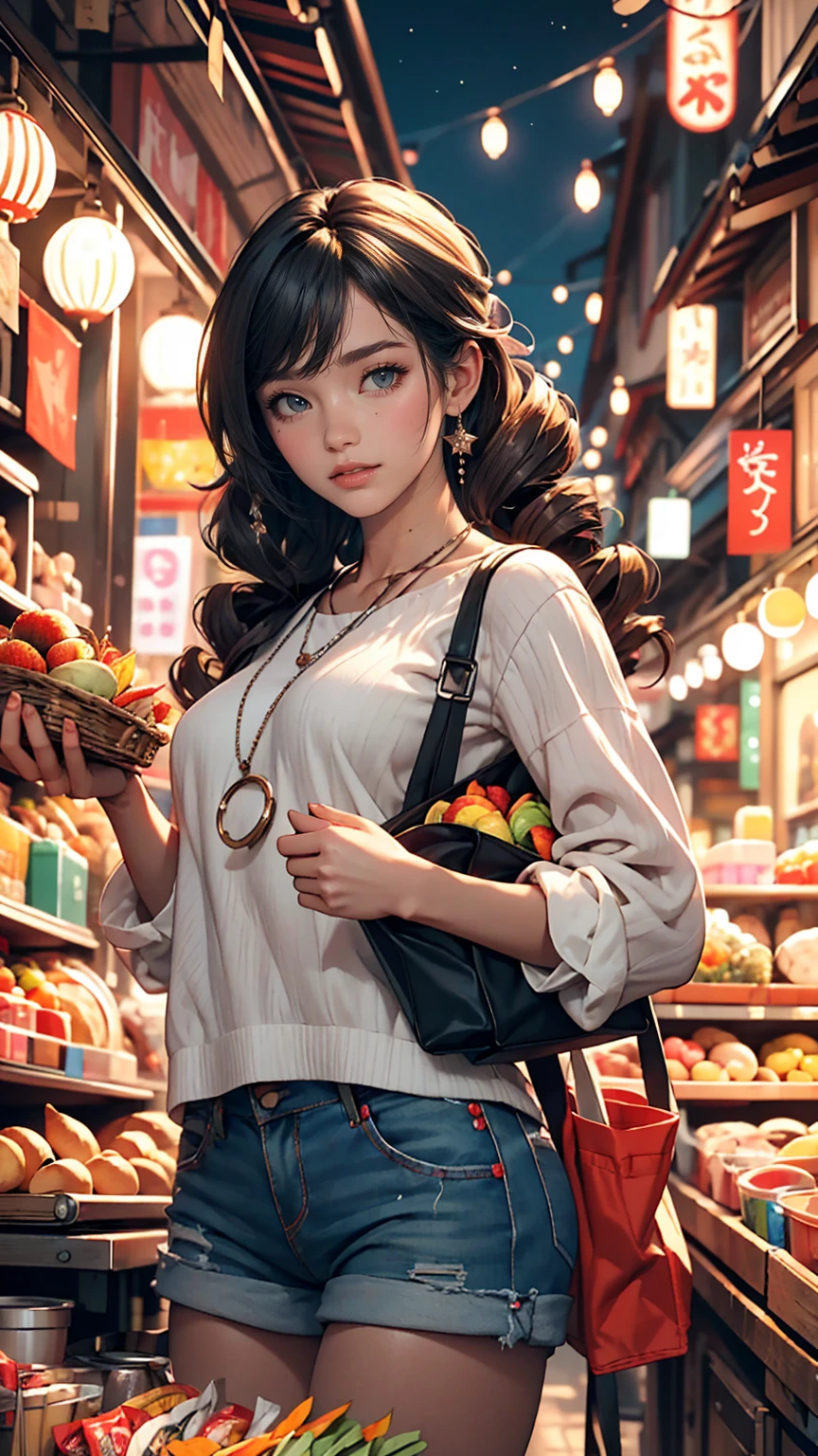 Vibrant night market. Woman wearing casual clothes, Carrying snacks, Her face is full of joy and satisfaction、Double vertical roll((twin drills))