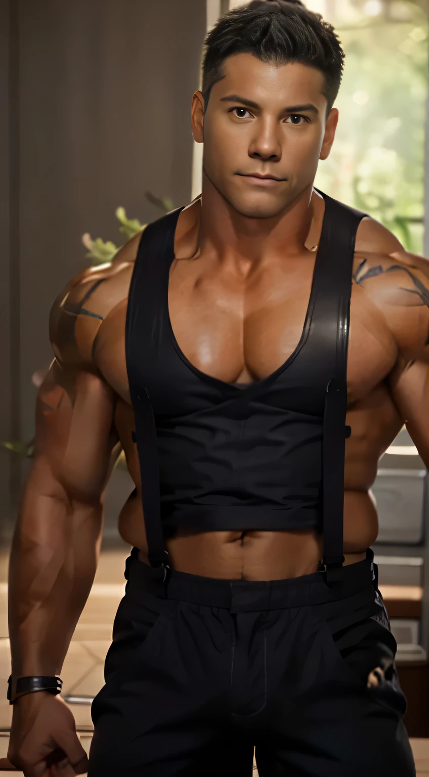 Mature male,45 yers old,short detailed hair,Slag,musculous,vast pecs,Wide shoulders,Thick chest,Huge crotch bulge,leather harness,Skinny leather shorts,Suspenders,torn laundry,Bare pectoral muscles,dog tags,anklet,Indecent expressions,Indecent pose,Male gaze,tmasterpiece,High- sharpness,high detal,full bodyesbian,in a panoramic view,