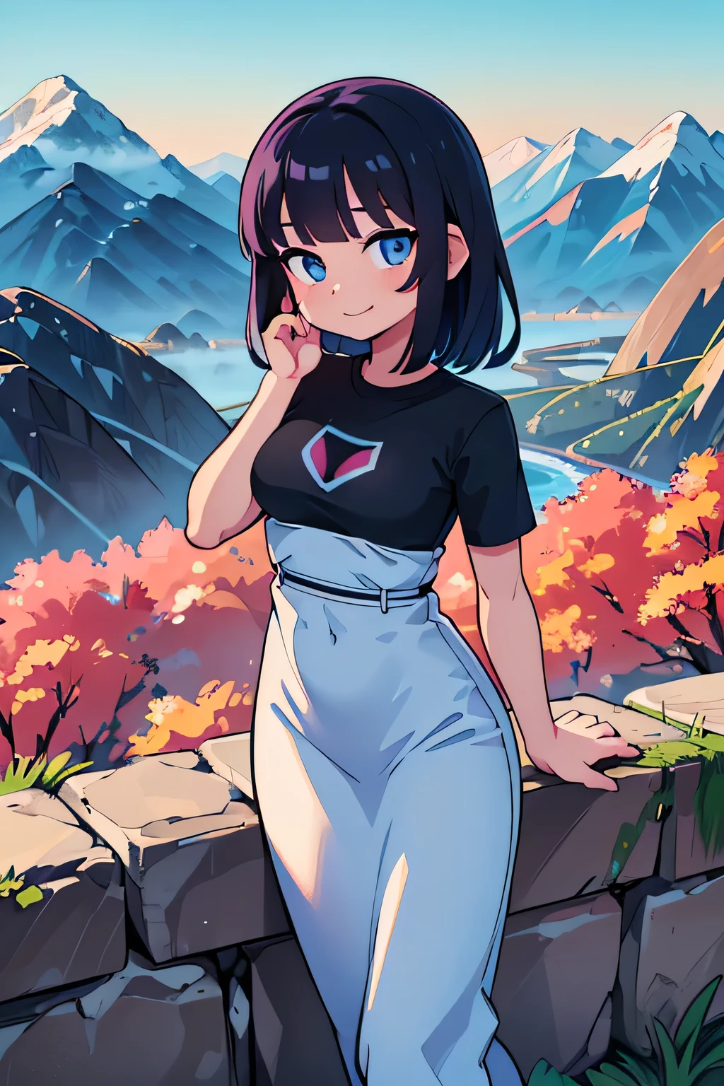 (Ultra bright color, Masterpiece, Best quality, blossom, Warm, soft light, modern, Hi-tech), 1 girl, One, standing tall, full length, (mountains background:1.4), black T-shirt without print, beautiful detailed face, slight smile, (blue) Medium hair, (detailed (blue) Ruby eyes), young, small breasts