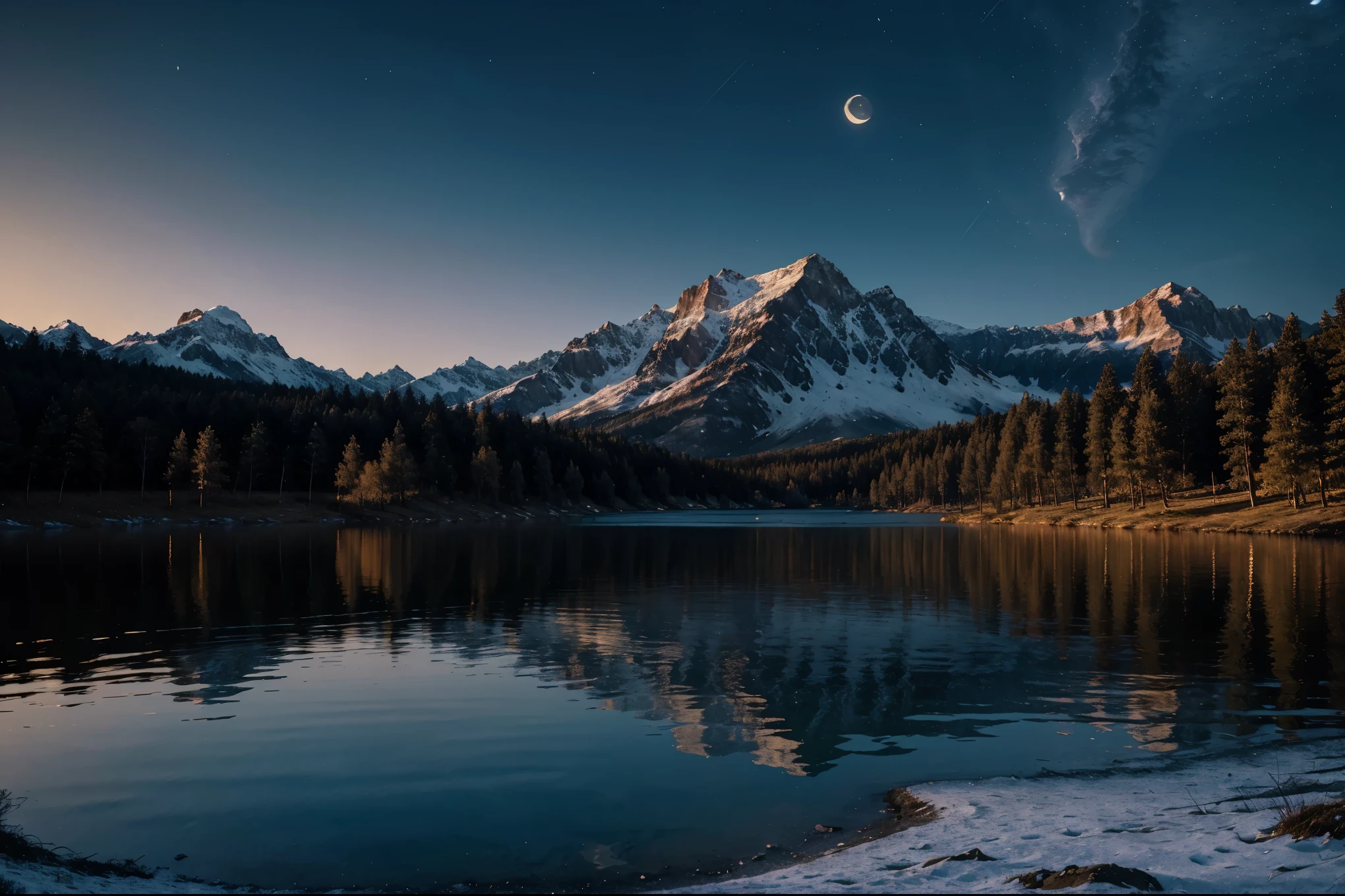 Moon night background with beautiful lake wallpaper, highly detailed, realistic 8k full HD.