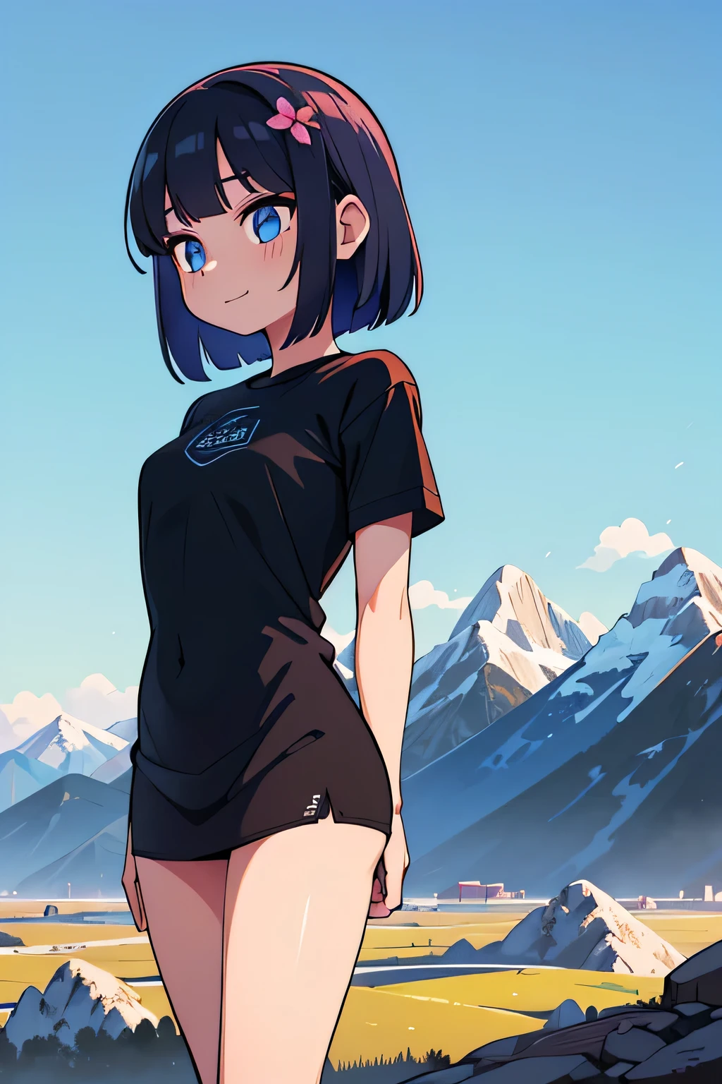 (Ultra bright color, Masterpiece, Best quality, blossom, Warm, soft light, modern, Hi-tech), 1 girl, One, standing tall, full length, (mountains background:1.4), black T-shirt without print, beautiful detailed face, slight smile, (blue) Medium hair, (detailed (blue) Ruby eyes), young, small breasts