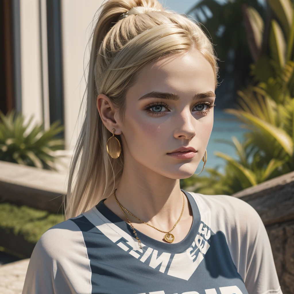 A 21 year old woman wearing a necklace and earrings, jaw dropping beauty, anton fadeev 8 k, high quality extremely beautiful face, very realistic digital art, hyperrealistic beautiful face, golden hour look, ultra realistic digital painting, photorealistic digital painting, 🤤 gorgeous woman, acdc tshirt, leggings, ponytail, canvas shoes, athletic body, small frame, blonde hair, grey eyes, pale skin, portrait 