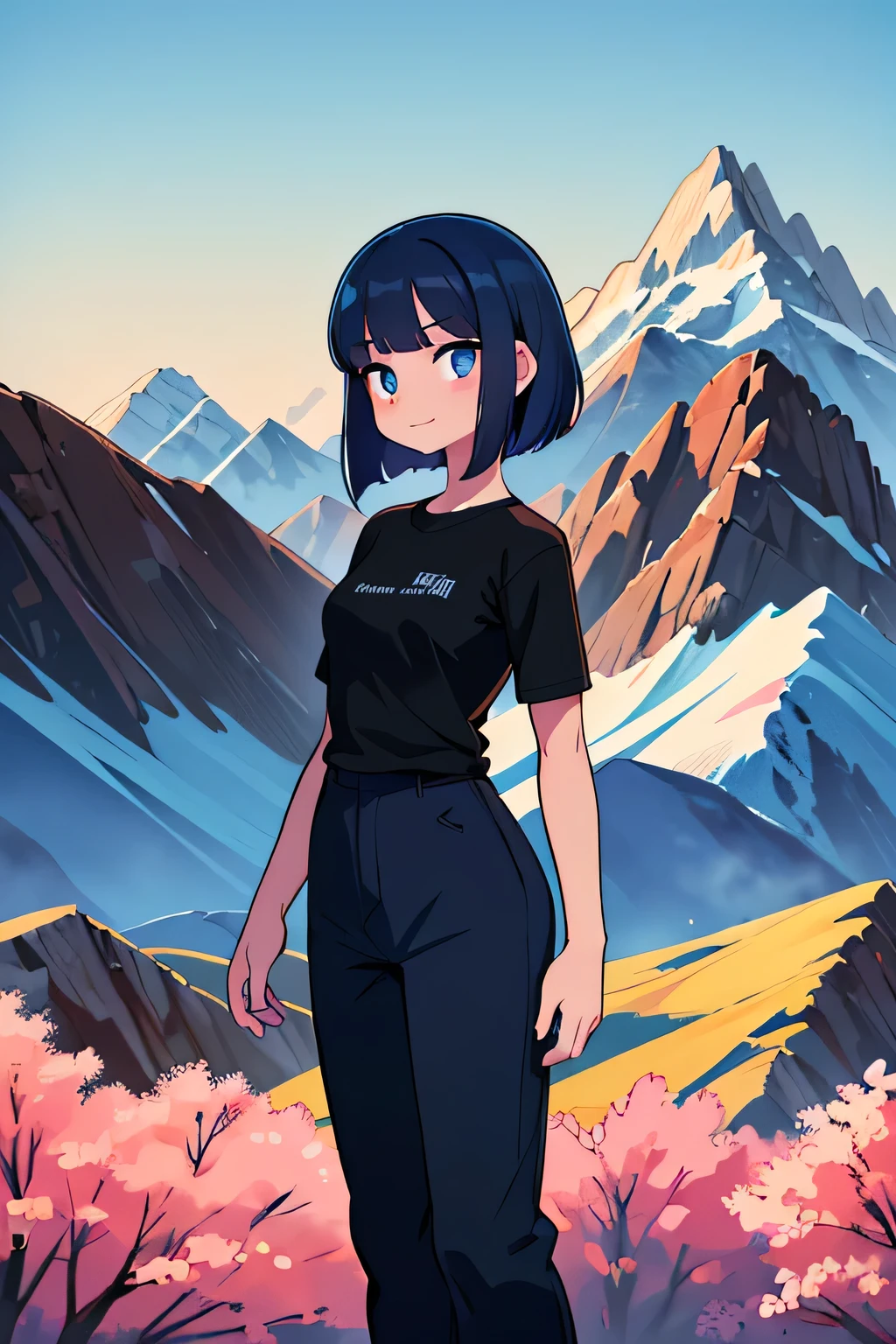 (Ultra bright color, Masterpiece, Best quality, blossom, Warm, soft light, modern, Hi-tech), 1 girl, One, standing tall, full length, (mountains background:1.4), black T-shirt without print, beautiful detailed face, slight smile, (blue) Medium hair, (detailed (blue) Ruby eyes), young, small breasts
