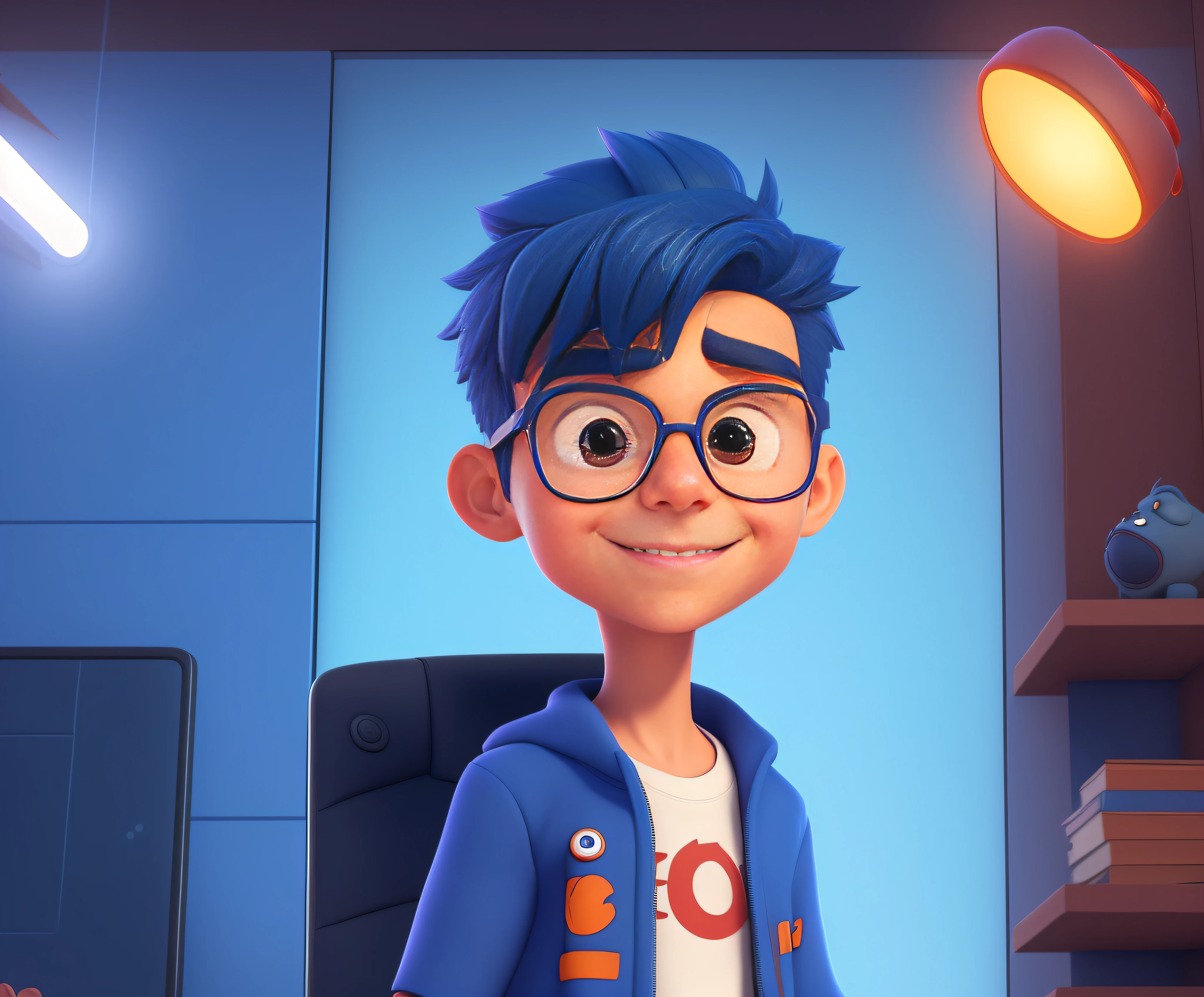 Wearing glasses、Image of a boy in his 50s wearing a blue jacket, 2D movie still image, Close-up Character, Animation-style rendering, Stylized 3D, 2D Digital, As a Pixar character, Stylized characters, Anime characters, Stylized as a 3D rendering, Anime movies, 2D illustration, 2D illustration, pixar renderman rendering, Maxwell Rendering Face Detail, Face detection possible