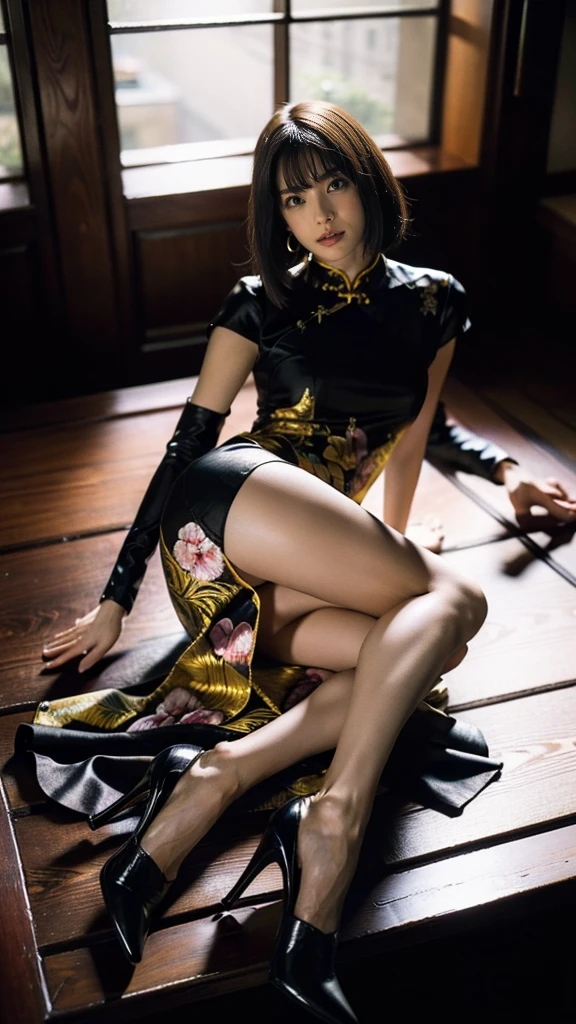 (full body:1.5),(1 girl:1.3),(view viewer:1.4),(correct anatomy:1.4),(Leather boots 1.3),(sitting on the top of the mountain:1.2),(Wearing a Chinese-style floral dress:1.2),short flowing golden hair:1.2),(accurate and perfect face:1.3),(long legs:1.3),hyper hd, ray tracing, reflected light, structurally correct, award-winning, high detail, Brighten the contrast of shadows, face lighting ,cinematic lighting, table top, super detail, high quality, high detail, 最high quality, 16K,high contrast,