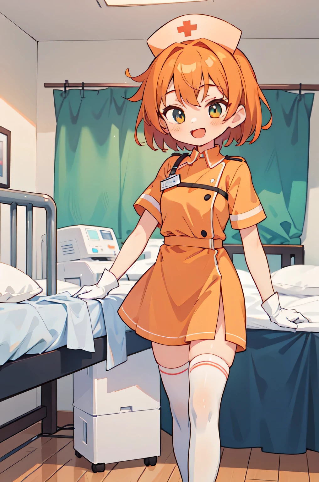 1girl, solo, nurse, nurse cap, white nurse uniform, ((white legwear, zettai ryouiki)), white gloves, very short hair, orange hair, smile, open mouth, standing, ((hospital room)), sharp outline, short sleeves, tomboy, boyish, best quality, masterpiece