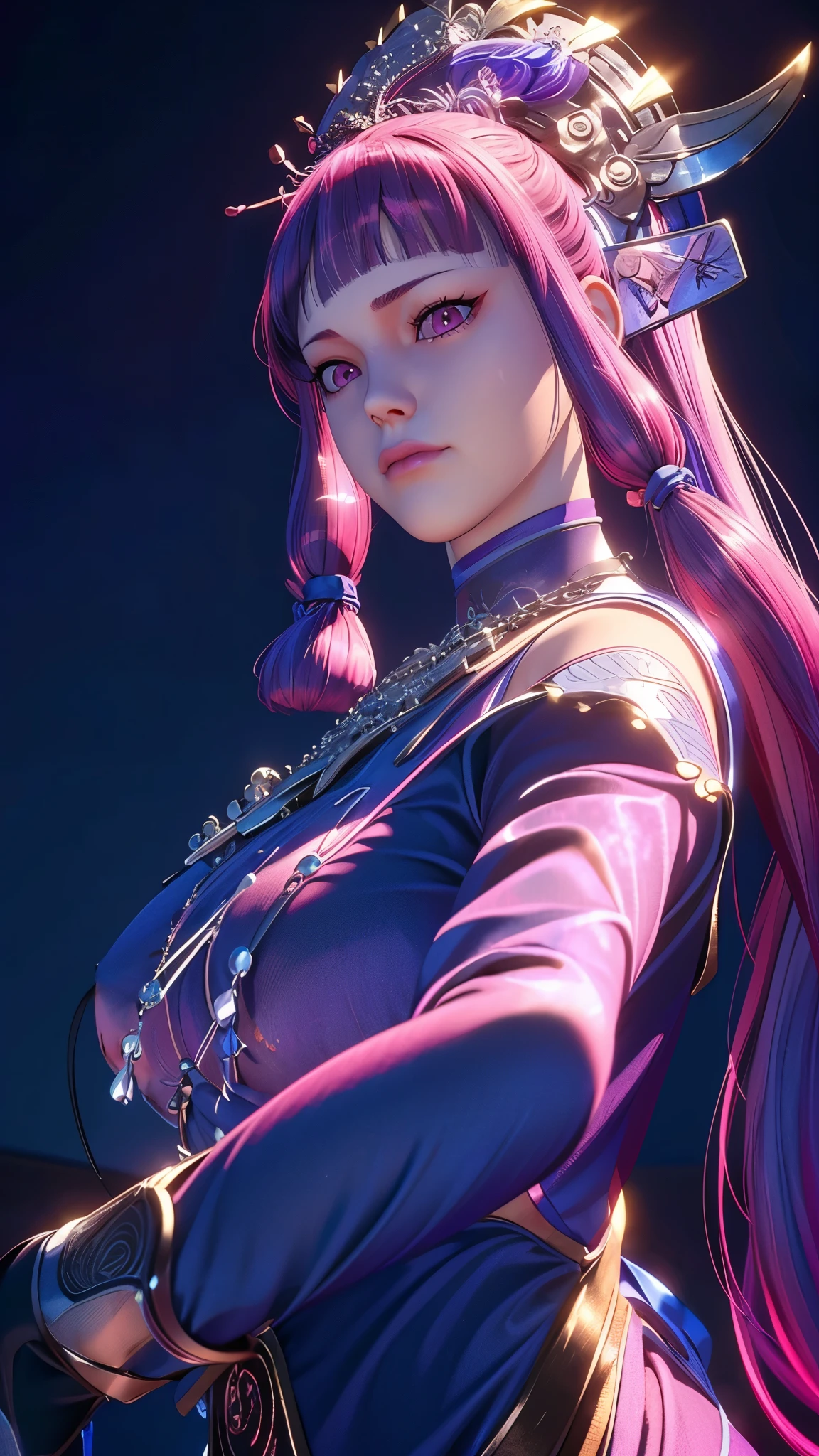 （（（完美figure，figure，solo， White and tender skin，（（（Cyberpunk，Playful and cute, with fair and tender skin, pink purple clothes, silver necklace,））），（（（cm_\(blr2023\)，Purple red long hair, silver headwear, purple red pupils, a little red between the lower lip,））），((masterpiece)),high resolution, ((Best quality at best))，masterpiece，quality，Best quality，（（（ Exquisite facial features，Looking at the audience,There is light in the eyes，(（（Smile，confidence））），型figure:1.7））），（（（Light and shadow，Huge breasts））），（（（Looking at the camera，black background，)）））