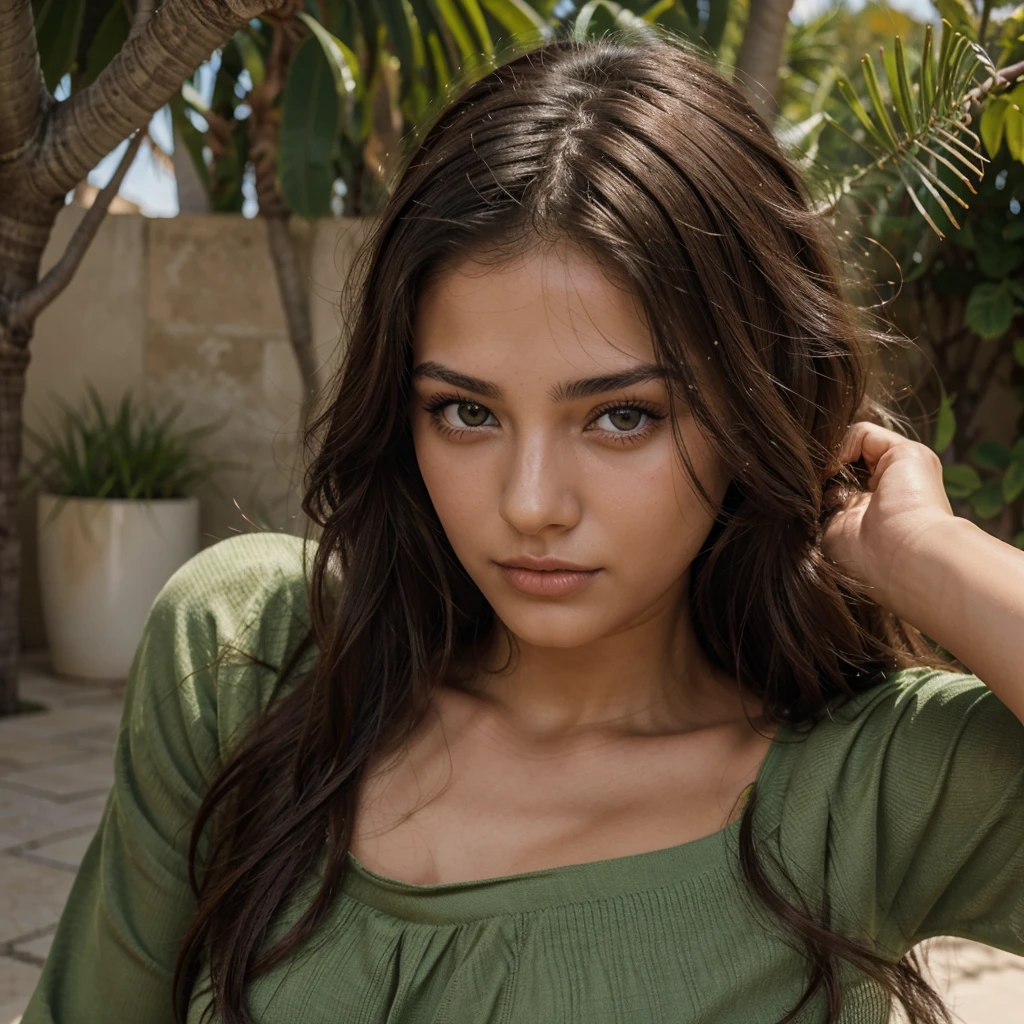 Visage d’une Jeune fille marocaine de 22 ans tres jolie, tres realiste au cheveux brun avec des yeux vert au teins bronzer