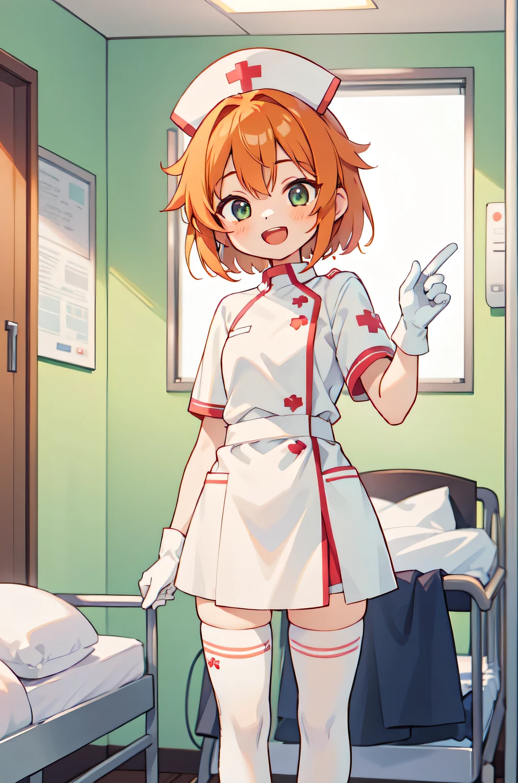 1girl, solo, nurse, nurse cap, white nurse uniform, ((white legwear, zettai ryouiki)), white gloves, very short hair, orange hair, smile, open mouth, standing, ((hospital room)), sharp outline, short sleeves, tomboy, boyish, best quality, masterpiece