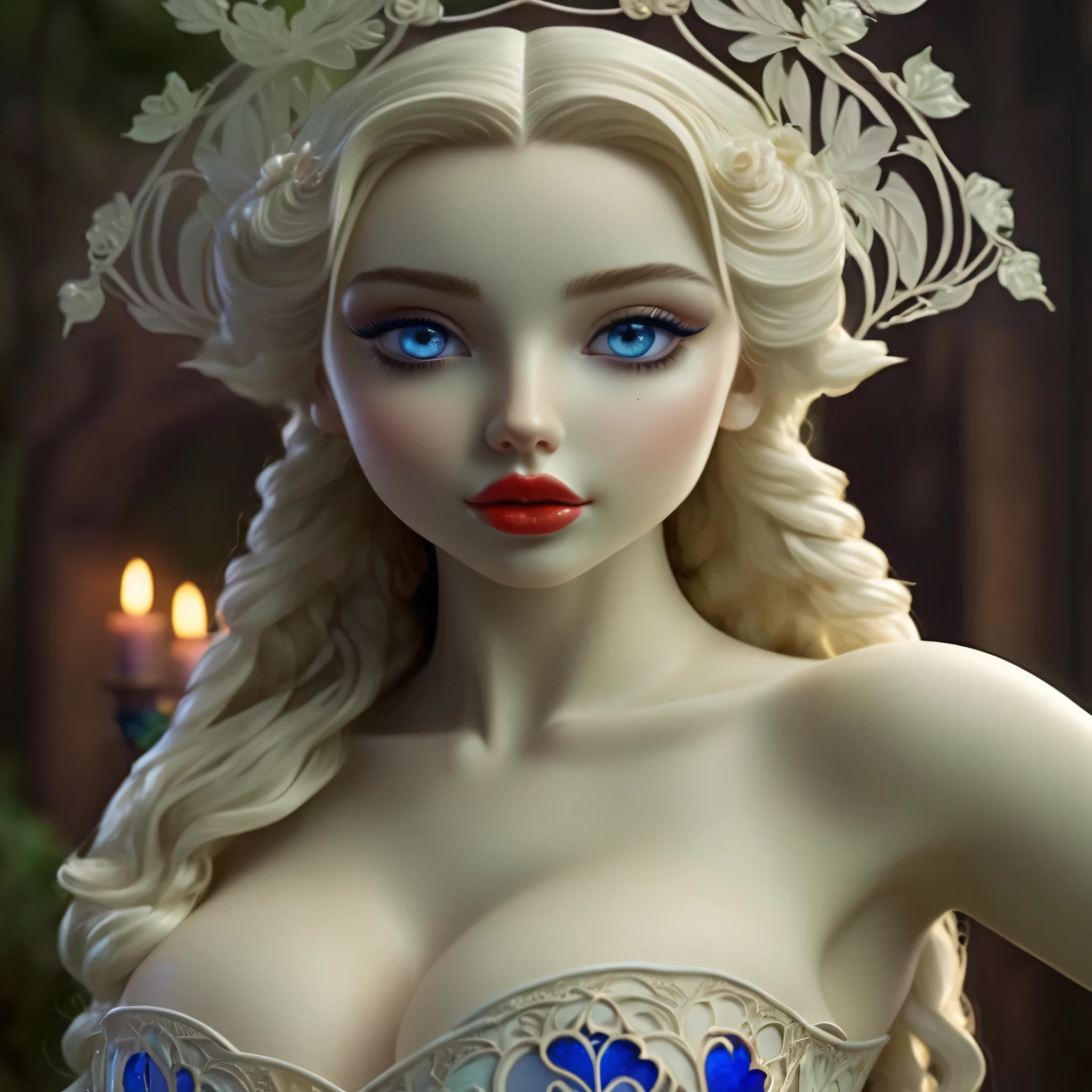 Brain Froud Inspired. Long Flowing Kinky Black Hair, Fair, Ethereal Skin Resembling Ivory, Deep Sapphire-Blue Eyes, Red Heart Shaped Lips. Beautiful Wholesome Traditional Girl, Goddess Face, Extremely Detailed Face, With Symmetrical Detailed Beautiful Eyes, With A Long High Neck Black And Blue Lacy Victorian Dress, Noble, Delicate. Gorgeous Smile, Hour Glass Figure,Jessica Green, Adelaide Kane, Molly Quinn, Hyper Large Blue Eyes. BUFF, TONED, FIT, Hyper MUSCULAR. . Hourglass Figure, Large Bust Ultra-Realistic. In The Background Is Green And Verdant Forrest, Has A Feeling Of Enchantment.