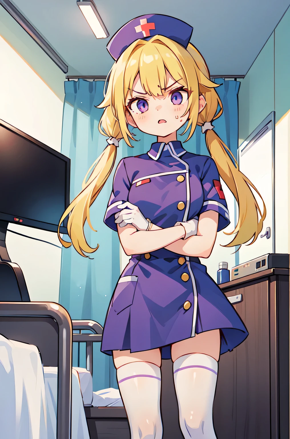 1girl, solo, nurse, nurse cap, white nurse uniform, ((white legwear, zettai ryouiki)), white gloves, twintails, yellow hair, purple eyes, angry, crossed arms, standing, ((hospital room)), sharp outline, short sleeves, best quality, masterpiece