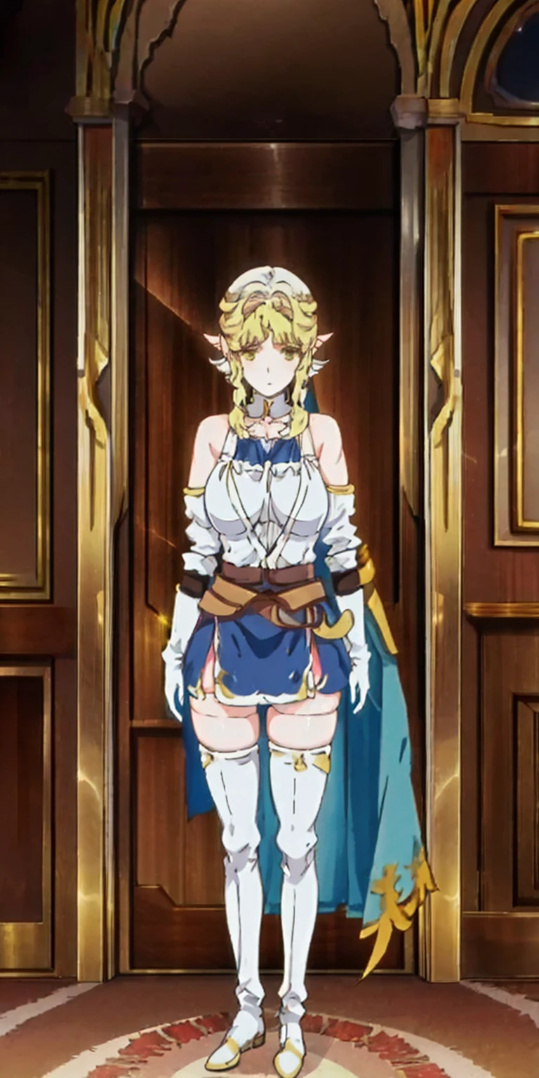 masterpiece, best quality, high quality, white SKIN elf, long hair, white hair, yellow eyes, full body, def_effie, blue breastplate, white skin, looking at viewer, shiny armor, thigh highs, high boots, shoulder armor, faulds, poleyn, gloves, gauntlets