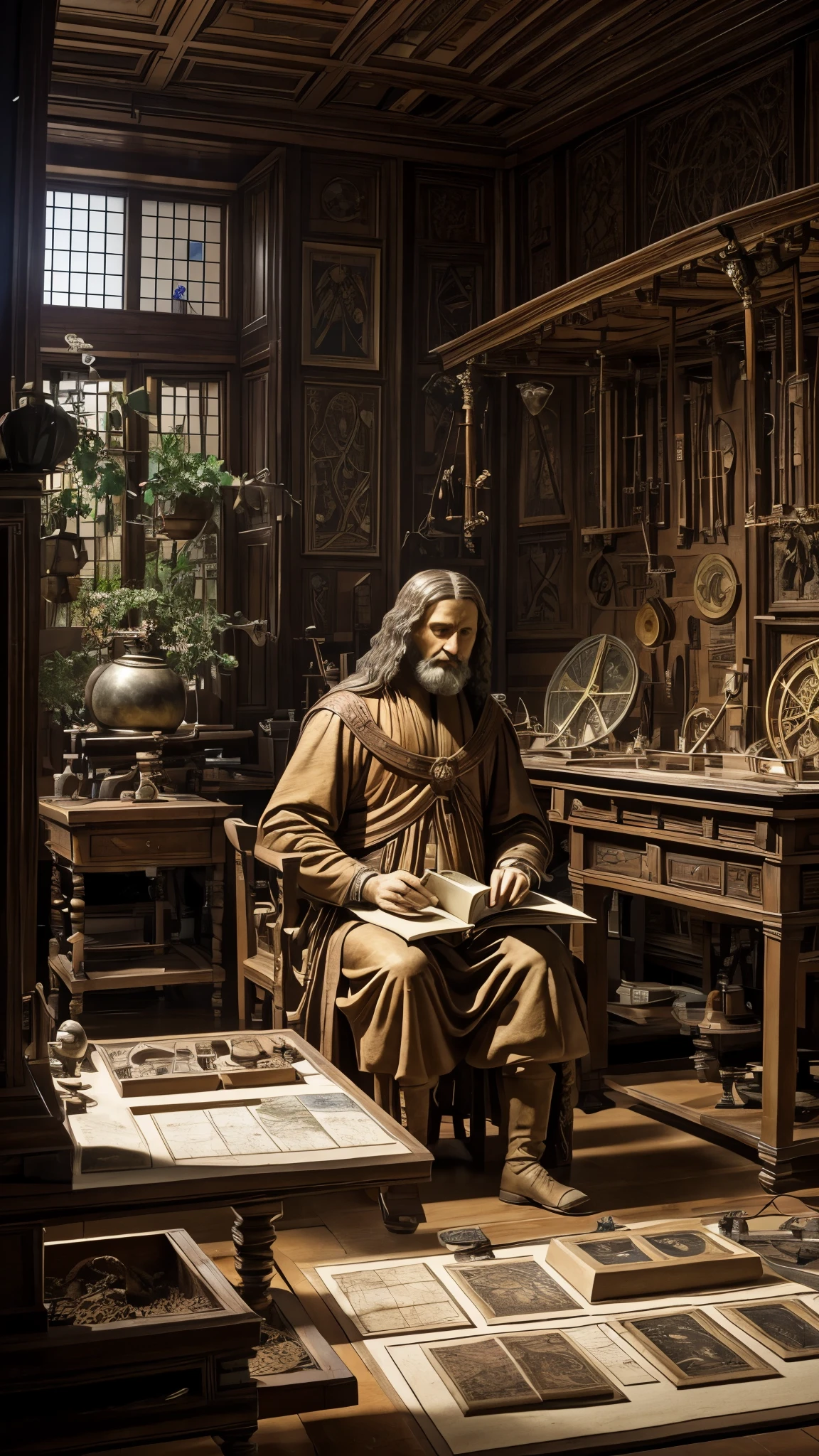 Leonardo da Vinci, the Italian polymath, sitting in a dimly lit studio, surrounded by various contraptions and inventions that he has designed during the Renaissance period. He appears deep in thought, his brow furrowed as he contemplates the intricacies of his latest invention. The room is adorned with sketches of flying machines, maps of underwater cities, and detailed anatomical drawings, all of which showcase his unwavering curiosity and desire for knowledge. A model of a human heart, constructed from bronze and intricately designed, sits on a nearby workbench, a testament to his revolutionary approach to understanding the human body. Despite the chaos that surrounds him, there is an air of serenity in the studio, as if da Vinci has found harmony in his pursuit of understanding the world around him. In the background, a large window casts a warm, golden light on the floor, illuminating a small garden where flowers and vegetables grow in harmony, symbolizing the balance that da Vinci strives to achieve between art and science, nature and technology, in this era of great revolution.