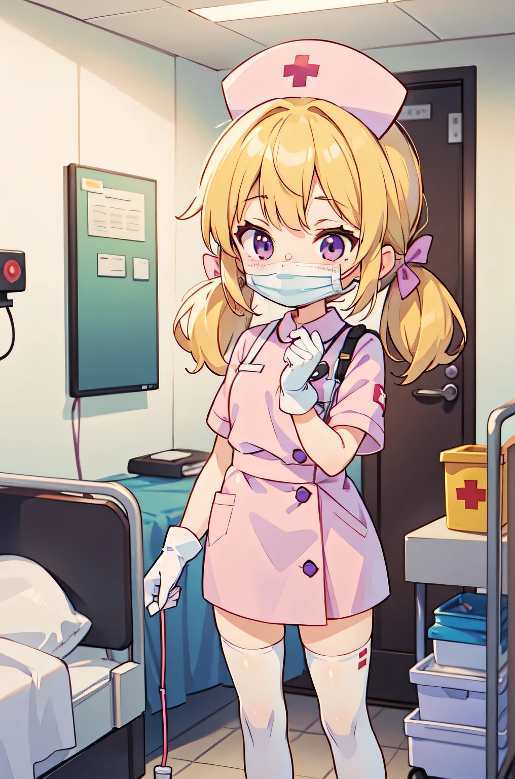 1girl, solo, nurse, nurse cap, white nurse uniform, ((white legwear, zettai ryouiki)), white gloves, twintails, yellow hair, purple eyes, ((white surgical mask, covered nose)), standing, ((hospital room)), sharp outline, short sleeves, best quality, masterpiece