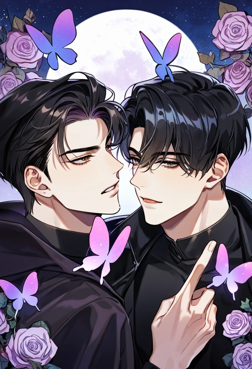 (absurdres, highres, ultra detailed, HDR) master piece, best quality, perfect face, straight black hair, Kim Dokja x Yoo Joonghyuk, black hair, expressive brown eyes, Omniscient reader's viewpoint, two sexy men together, gay couple, yaoi, handsome, black cape with a hood, black tight shirt, moon, purple flames, purple butterflies, purple roses, starry sky