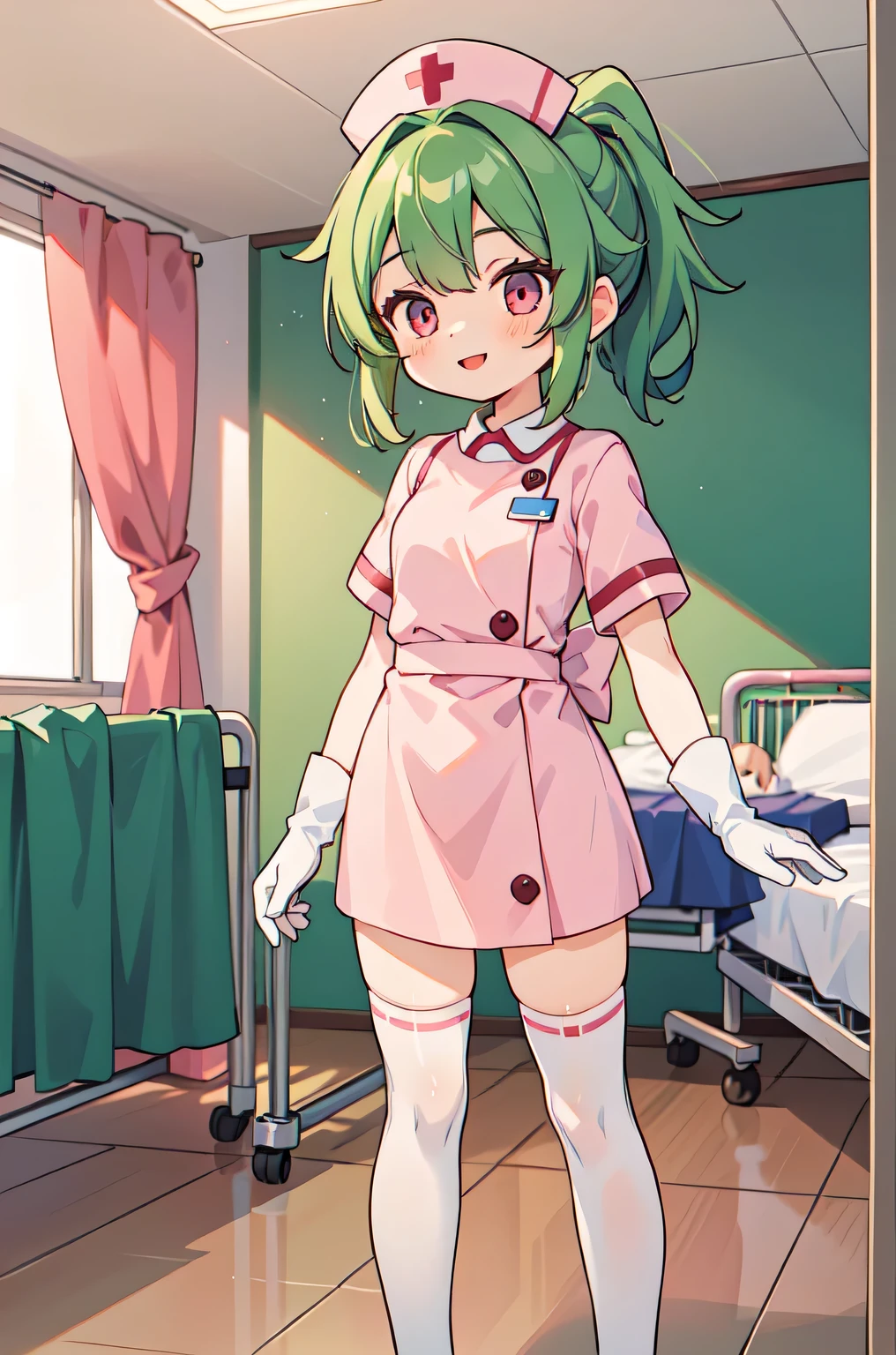 1girl, solo, nurse, nurse cap, white nurse uniform, ((white legwear, zettai ryouiki)), white gloves, ponytail, green hair, pink eyes, smile, standing, ((hospital room)), sharp outline, short sleeves, best quality, masterpiece