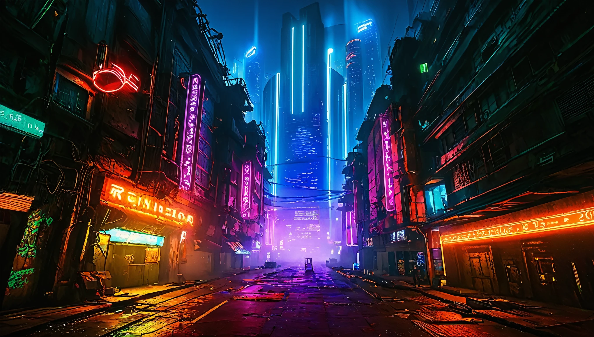 paisaje futurista oscuro, de noche, neon lights, Atmospheric fog, grandes edificios de fondo, ciudad futurista, calles sucias y concurridas con tiendas abiertas, basura en la calle, Edificios en ruinas, rascacielos (postapocalyptic city:1.3)