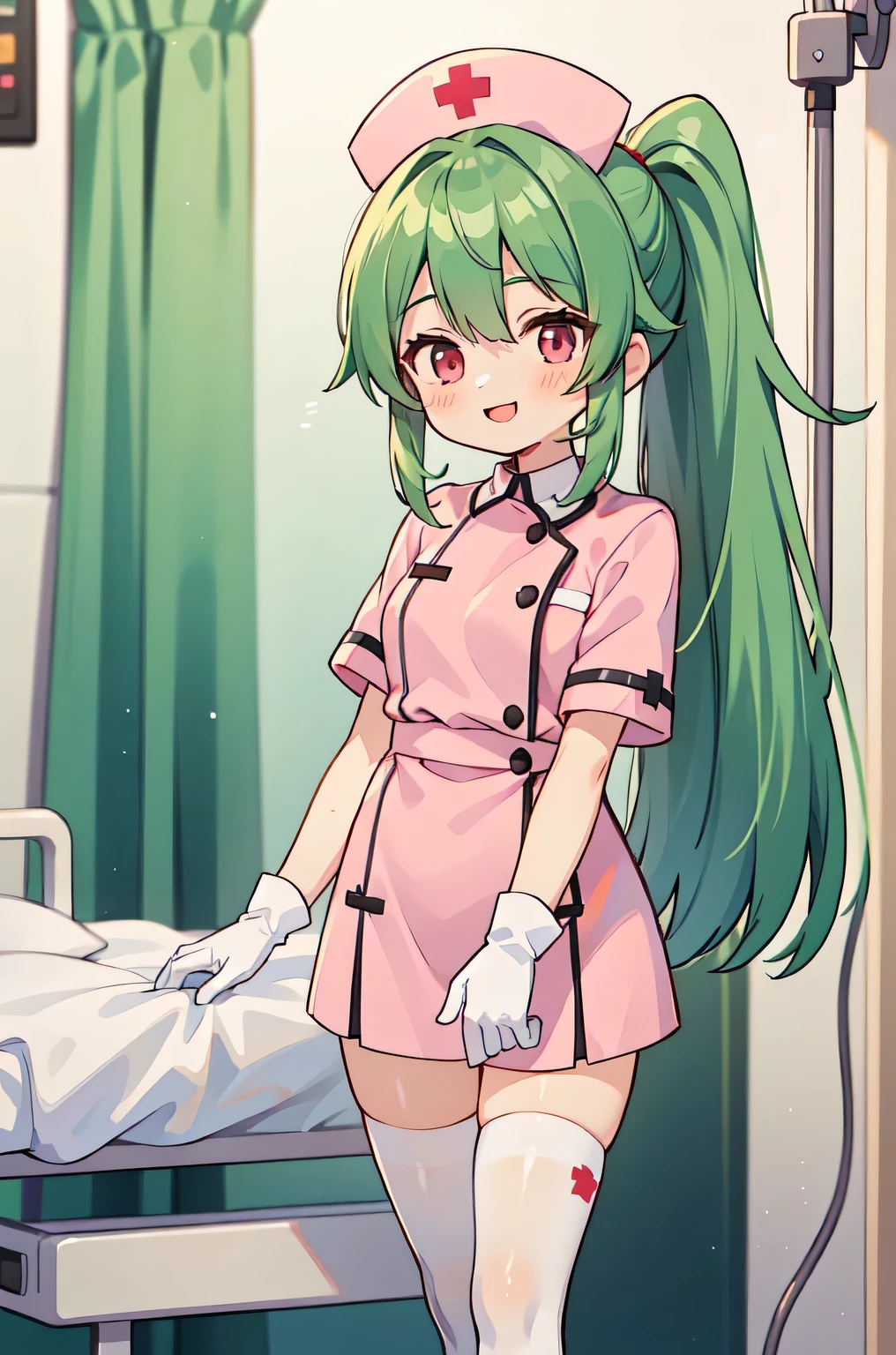 1girl, solo, nurse, nurse cap, white nurse uniform, ((white legwear, zettai ryouiki)), white gloves, ponytail, green hair, pink eyes, smile, standing, ((hospital room)), sharp outline, short sleeves, best quality, masterpiece