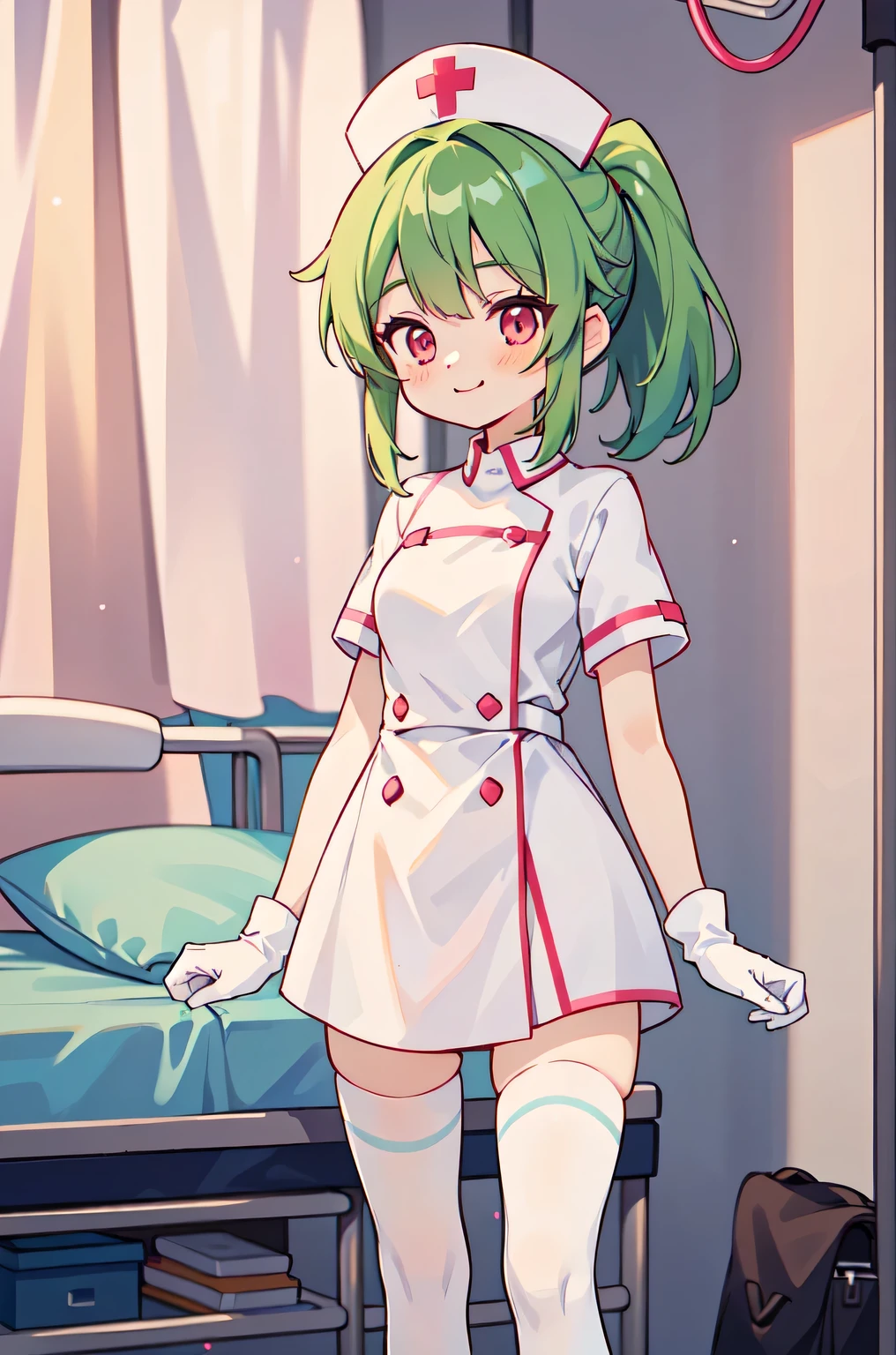 (masterpiece, best quality), (ultra highres, ultra-detailed) ,girl,tween,cute, (white frog headband,tanned dark skin,big headgear,lightgreen hair,side bangs,white sleeveless nurse onepiece,white gloves,mini skirt,white platform boots,small breast), 