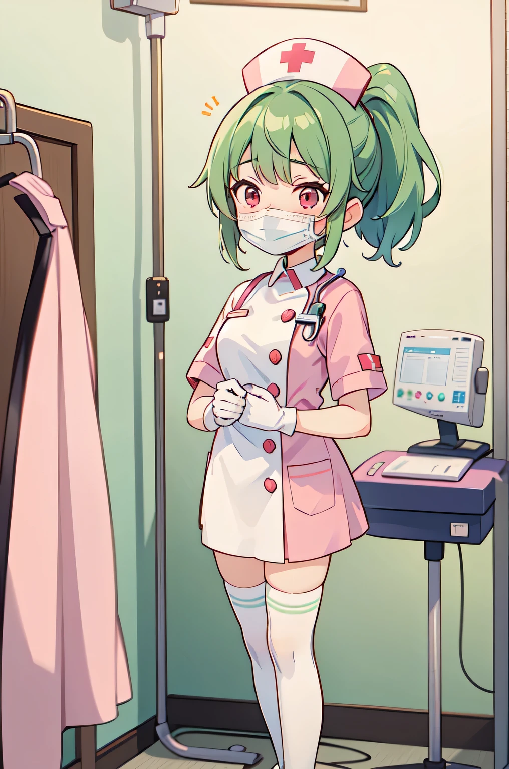 1girl, solo, nurse, nurse cap, white nurse uniform, ((white legwear, zettai ryouiki)), white gloves, ponytail, green hair, pink eyes, ((white surgical mask, covered nose)), standing, ((hospital room)), sharp outline, short sleeves, best quality, masterpiece