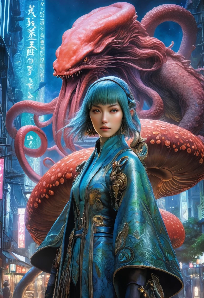 best quality,4k,8k,highres,masterpiece:1.2,ultra-detailed,realistic:1.37,HDR,UHD,studio lighting,ultra-fine painting,sharp focus,physically-based rendering,(Yoshitaka Amano style:1.1),SFW,(safe for work), A 30 years old woman and her guardian familiar, mystical creature,otherworldly creature,enchanting companions,wearing stylish futuristic clothes,inspired by Phantasy Star Online,action shot, (The woman, with her eyes brightly colored, no makeup and her nordic facial features elegantly detailed, adding to her allure. Dressed in elegant casual clothes with a stylish futuristic jacket.), (She is accompanied by a guardian, a kraken and mushroom mixed creature with exquisite fungi features resembling a kaiju. The creature's presence adds a sense of wonder and magic to the scene.), (The woman and her companion stand in a dark and gothic city, a modern metropolis with surreal plants, and vibrant signs. The colors are vibrant, with a mixture of dark blues, olive, and pale reds creating a dreamlike atmosphere.), (The lighting is soft but illuminating, casting a gentle glow on both the woman and the creature.), (The overall composition has a realistic and photorealistic quality, capturing the essence of the scene in intricate detail.), (The art style is inspired by Yoshitaka Amano, known for his ethereal and otherworldly illustrations. The combination of realistic elements with the artist's unique style creates a captivating and visually stunning image.),Greg Rutkowski