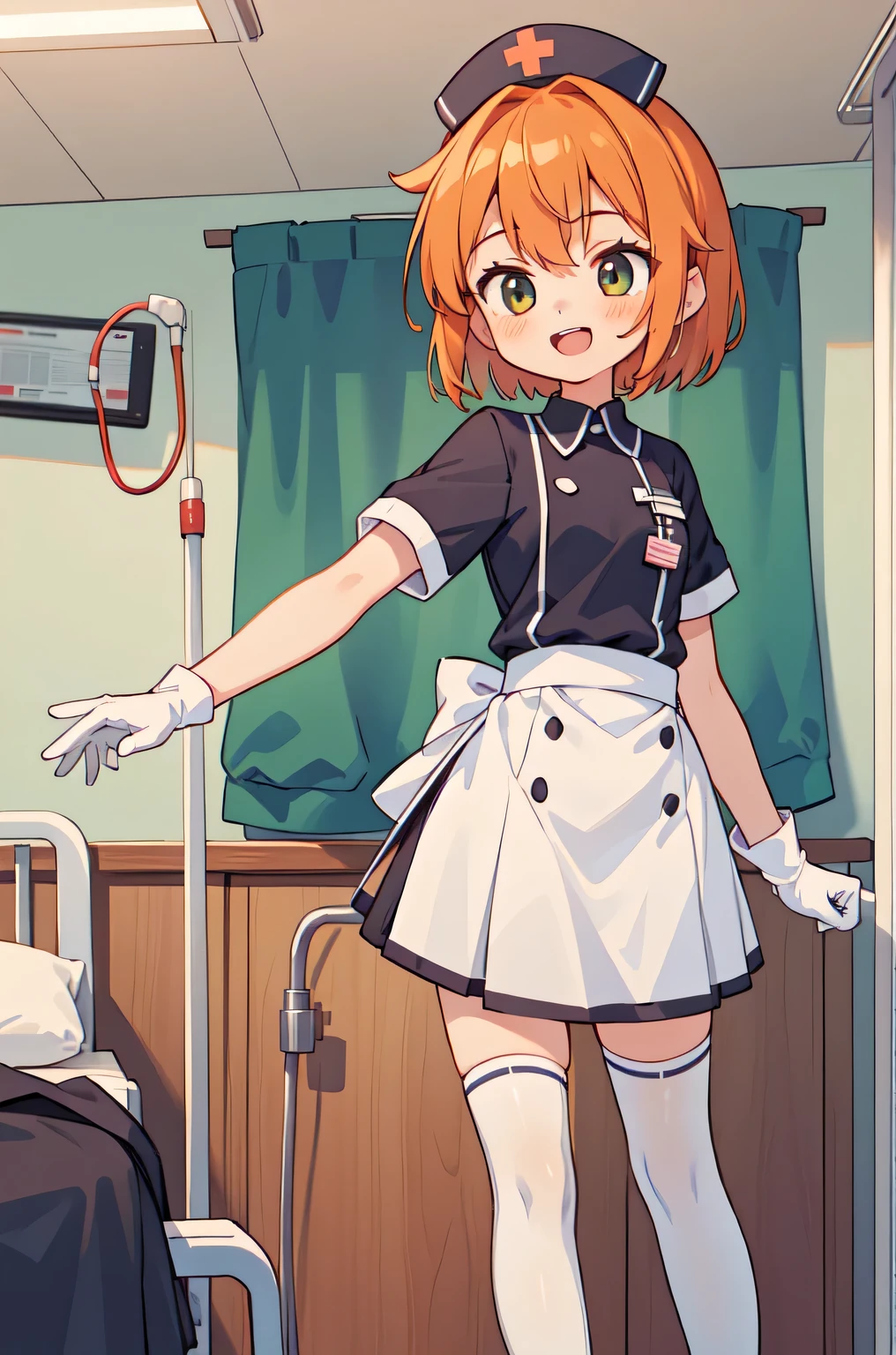 1 boy, alone, male focus, nurse, nurse cap, Whiteware, ((white legwear, zettai ryouiki)), white gloves, short hair, orange hair, smile, open your mouth, Are standing, ((hospital room)), sharp outline, short sleeve, Shota, , highest quality, masterpiece