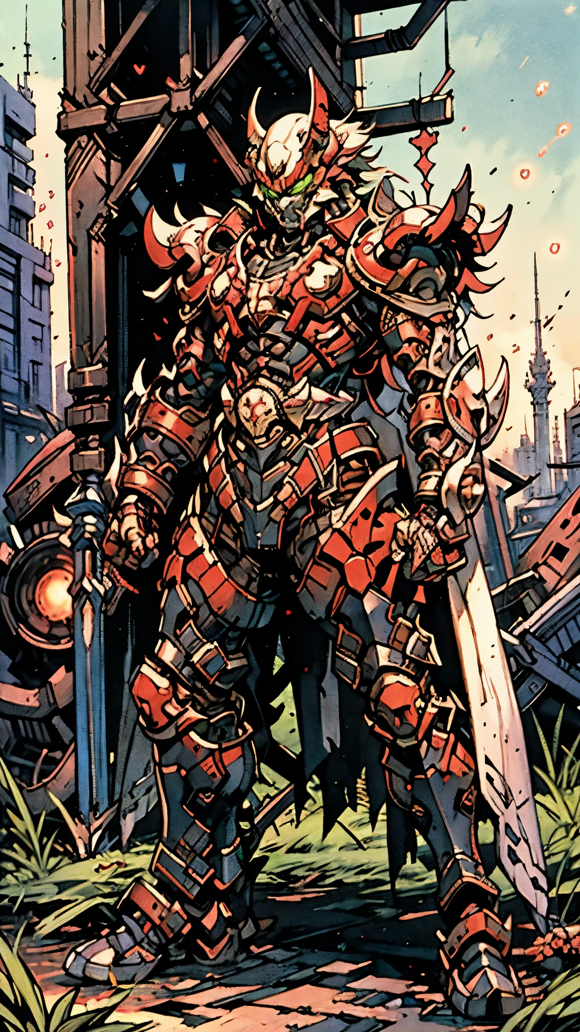 A man wearing a full-face helmet, a fantasy-style biotech armored combat suit, green eyes, (a composite layered chest armor), fully enclosed shoulder guards, matching arm and leg guards, the belt is adorned with fangs biting into orbs, (the color scheme is primarily black with red accents), the design balances heavy with agility, a high-tech bio-mecha armor, (Armor Concept Inspired by Wolf, stand on the top of a skyscraper in a futuristic sci-fi city), this character embodies a finely crafted fantasy-surreal style armored hero in anime style, exquisite and mature manga art style, (element, plasma, energy, the armor glows), ((male:1.5)), metallic, real texture material, dramatic, high definition, best quality, highres, ultra-detailed, ultra-fine painting, extremely delicate, professional, perfect body proportions, golden ratio, anatomically correct, symmetrical face, extremely detailed eyes and face, high quality eyes, creativity, RAW photo, UHD, 32k, Natural light, cinematic lighting, masterpiece-anatomy-perfect, masterpiece:1.5