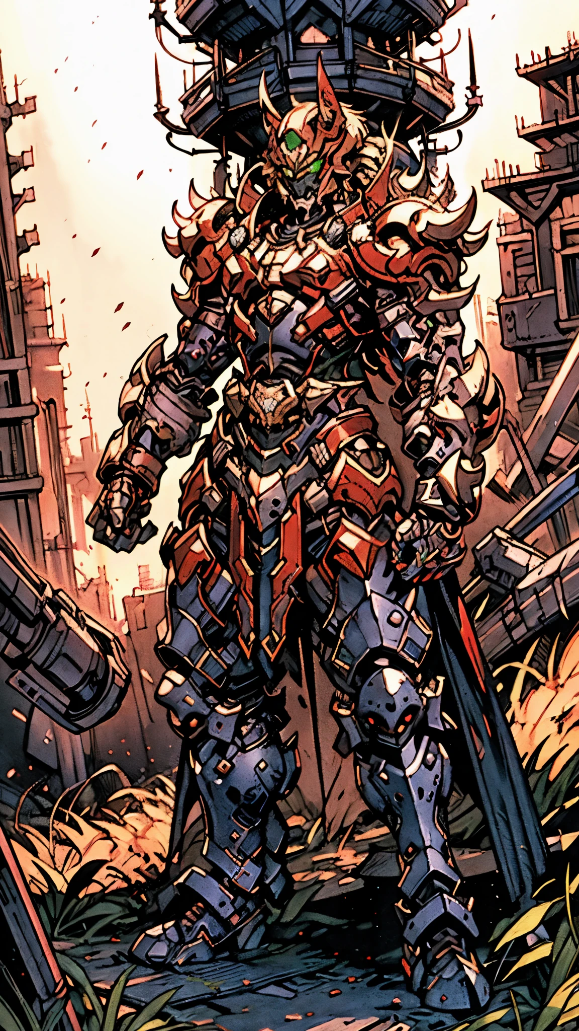 A man wearing a full-face helmet, a fantasy-style biotech armored combat suit, green eyes, (a composite layered chest armor), fully enclosed shoulder guards, matching arm and leg guards, the belt is adorned with fangs biting into orbs, (the color scheme is primarily black with red accents), the design balances heavy with agility, a high-tech bio-mecha armor, (Armor Concept Inspired by Wolf, stand on the top of a skyscraper in a futuristic sci-fi city), this character embodies a finely crafted fantasy-surreal style armored hero in anime style, exquisite and mature manga art style, (element, plasma, energy, the armor glows), ((male:1.5)), metallic, real texture material, dramatic, high definition, best quality, highres, ultra-detailed, ultra-fine painting, extremely delicate, professional, perfect body proportions, golden ratio, anatomically correct, symmetrical face, extremely detailed eyes and face, high quality eyes, creativity, RAW photo, UHD, 32k, Natural light, cinematic lighting, masterpiece-anatomy-perfect, masterpiece:1.5