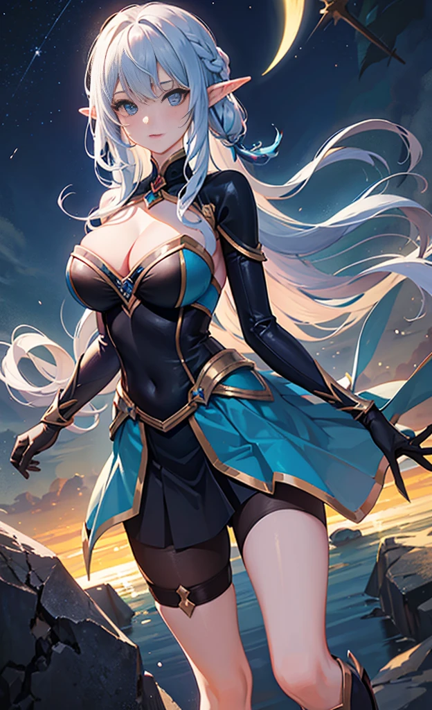 hair,Pretty face,blue bikini armor,Heterochromic pupils,Full body image,Half Moon,Under the Moonlight,(masterpiece:1.1),(Best quality:1.1),(High Dynamic Range:1),Ambient Light,Super girl, mystical elf, looking into crystal ball, holding mysteries, showing a microcosm space, stars, unique, huge breasts, cleavage, candlelight, dark background, atmosphere of mystery, smoke, subtle multicolored lighting,