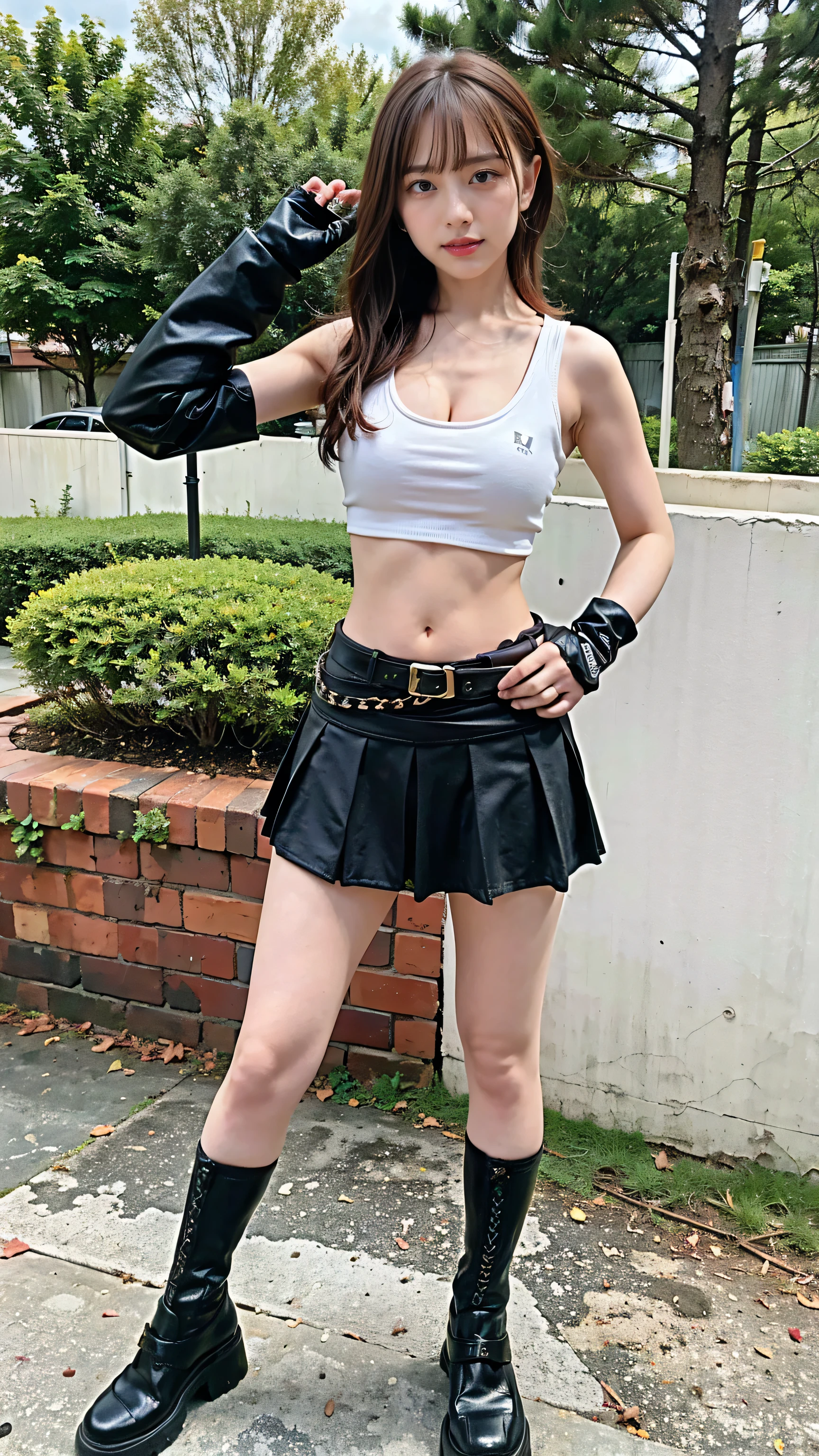 (8k、RAW Photos、highest quality、masterpiece:1.2)、(Realistic、Realistic)、1 girl、((White tank top、belt、smile、Arm support、Fingerless gloves、Black Mini Skirt、Large Breasts、Belly button、View from the front、garden、Garter belt、short boots、Standing with hands on hips))、Lots of eyelashes、Glowing eyelids、skeletally correct