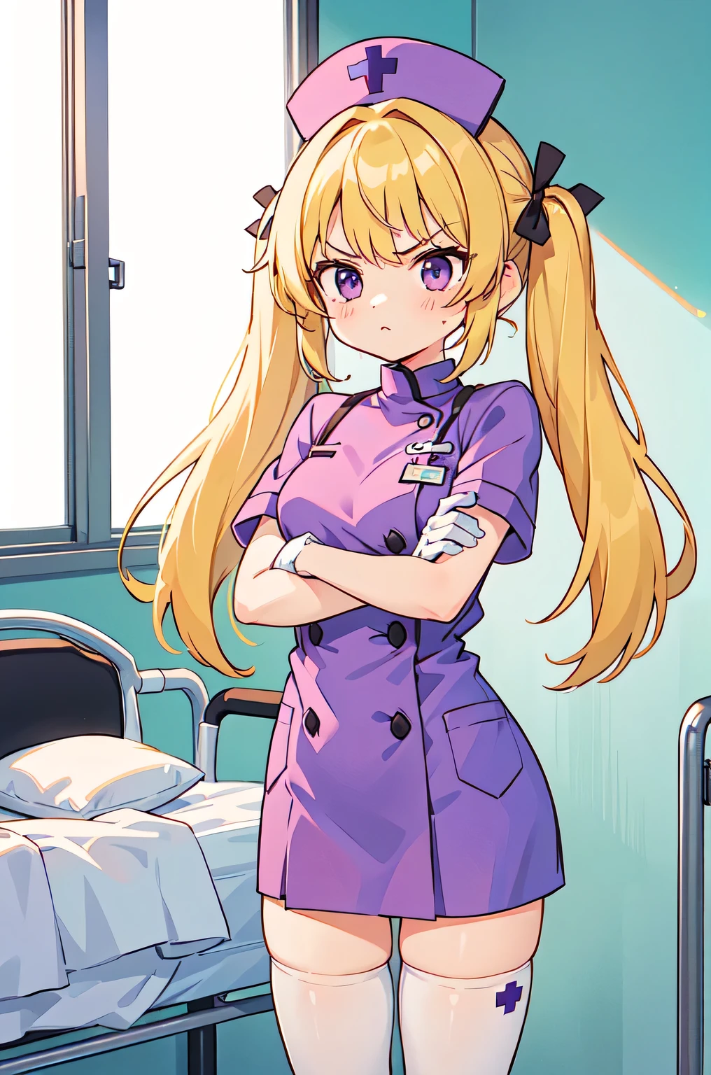 1girl, solo, nurse, nurse cap, white nurse uniform, ((white legwear, zettai ryouiki)), white gloves, twintails, yellow hair, purple eyes, angry, crossed arms, standing, ((hospital room)), sharp outline, short sleeves, best quality, masterpiece
