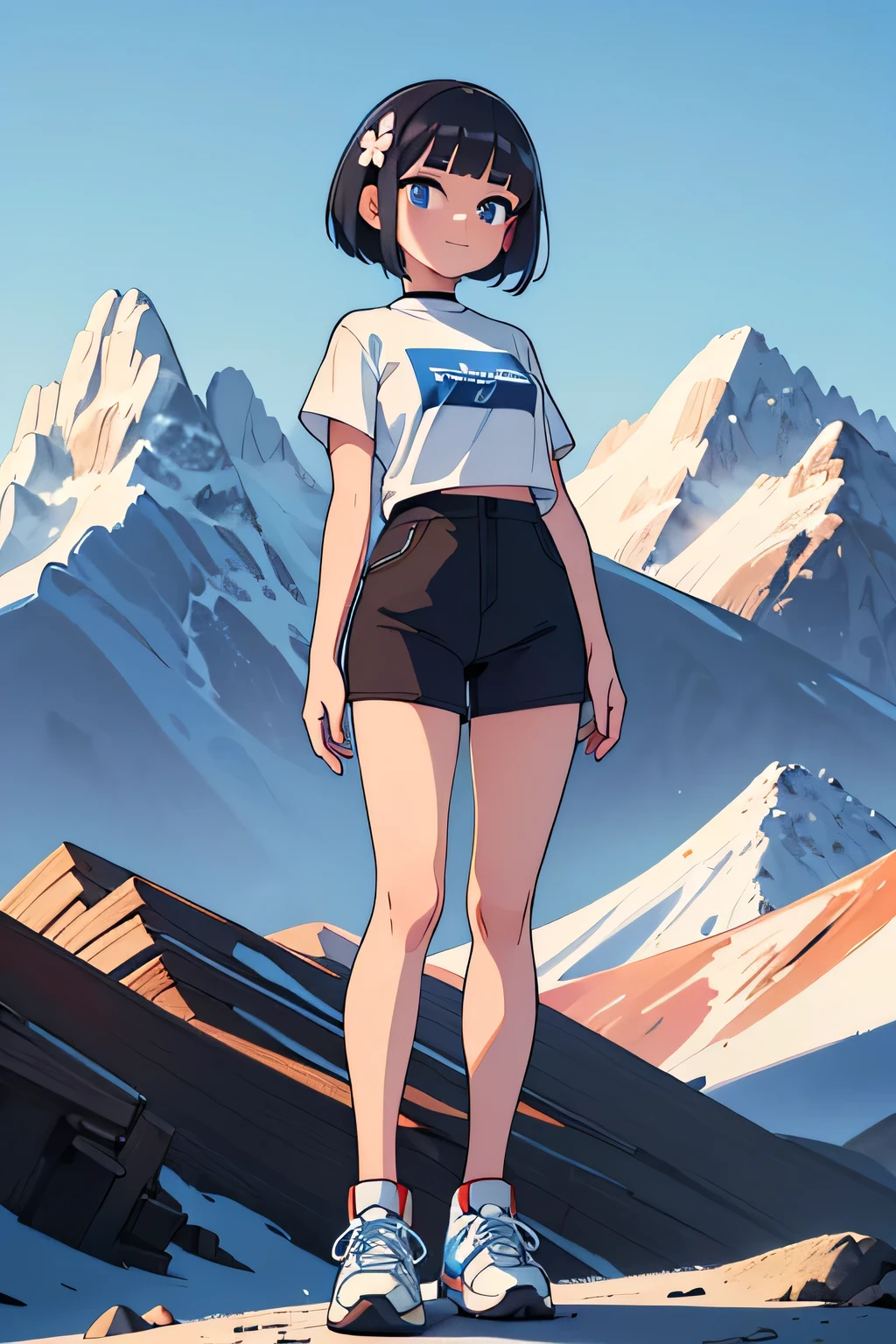 (Ultra bright color, Masterpiece, Best quality, blossom, Warm, soft light, modern, Hi-tech), 1 girl, One, standing tall, in full length, 170 cm height, white sneakers, (mountains background:1.4), black T-shirt without print, beautiful detailed face, slight smile, (blue) Medium hair, (detailed (blue) Ruby eyes), young, small breasts