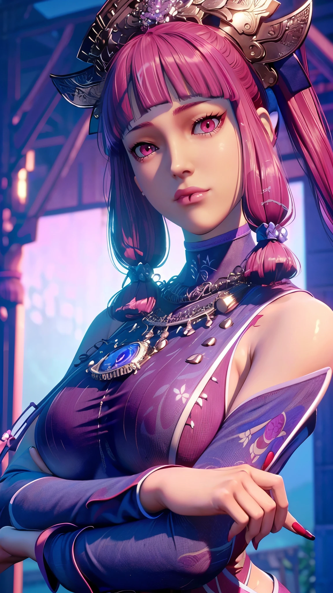 （（（完美figure，figure，solo， White and tender skin，（（（Cyberpunk，Playful and cute, with fair and tender skin, pink purple clothes, silver necklace,））），（（（cm_\(blr2023\)，Purple red long hair, silver headwear, purple red pupils, a little red between the lower lip,））），((masterpiece)),high resolution, ((Best quality at best))，masterpiece，quality，Best quality，（（（ Exquisite facial features，Looking at the audience,There is light in the eyes，(（（Smile，confidence））），型figure:1.7））），（（（Light and shadow，Huge breasts））），（（（Looking at the camera，black background，)）））