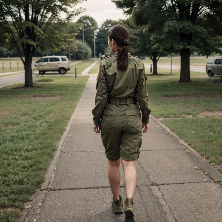 Claire in army clothes, back, walking