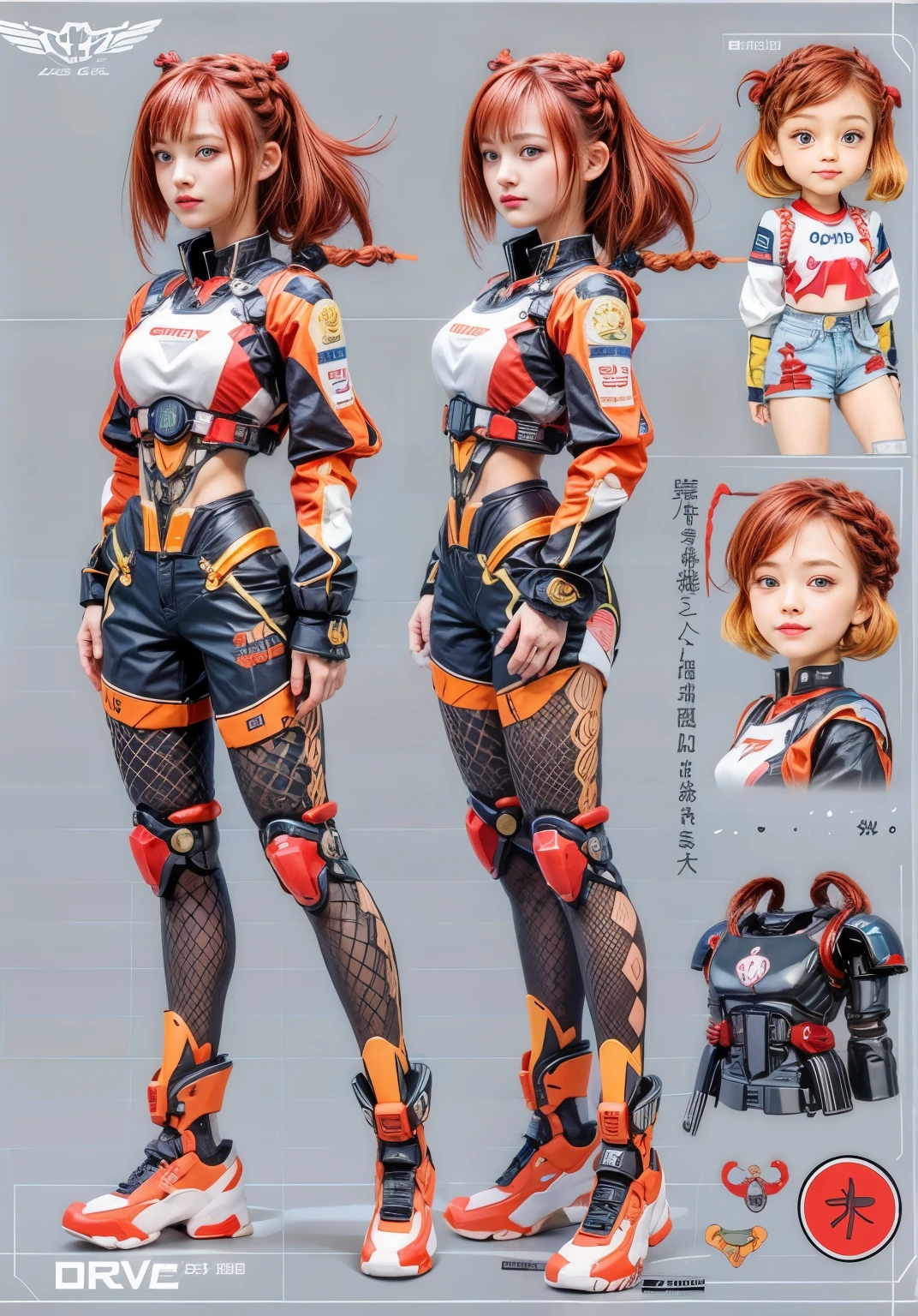 One girl, Cute Girl Character Design Sheet, In detail, (highest quality), (Intricate details), cyber style, Multicolor, ((Short Red Hair)), ((Braided Hair)), highest quality, ((Mecha cute costume)), ((Long sleeve)), ((Shorts)), ((Round eyes)), Beautiful Face, Cyber Girl, Sci-Fi Style, Cute face, pin up, Perfect Face, Glittering background