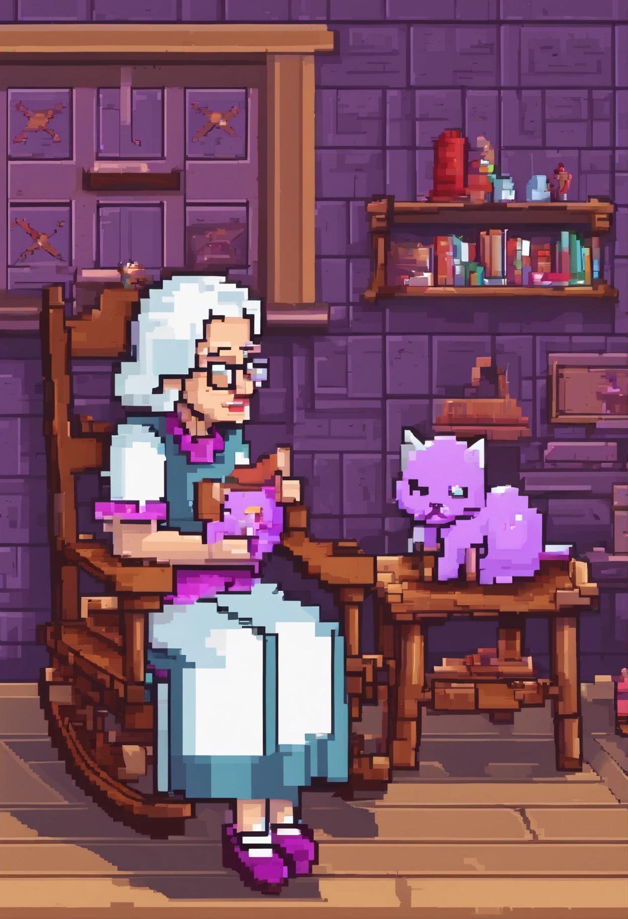 an elderly woman sitting in a rocking chair with a purple cat on her lap, the background being a chalet, telling a story