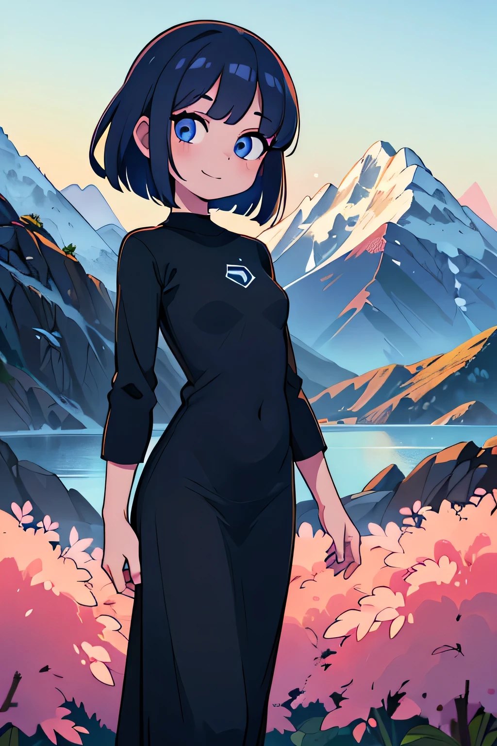 (Ultra bright color, Masterpiece, Best quality, blossom, Warm, soft light, modern, Hi-tech), 1 girl, One, standing tall, full length, (mountains background:1.4), black T-shirt without print, beautiful detailed face, slight smile, (blue) Medium hair, (detailed (blue) Ruby eyes), young, small breasts