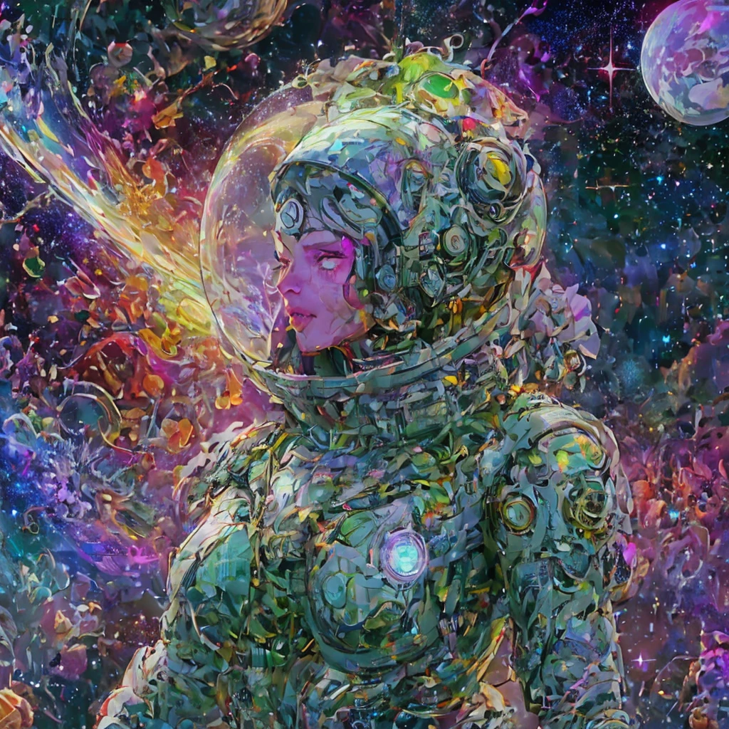 there is a screenshot of a woman in a space suit, cosmic girl, event, cosmic entity, incrinate content details, endless cosmos in the background, historical event, real event, astral background, cosmic background, cosmic goddess, cyborg goddess in cosmos, celestial cosmos, game interface, violet battlefield theme, cosmic style, hyperdetailed content, background details