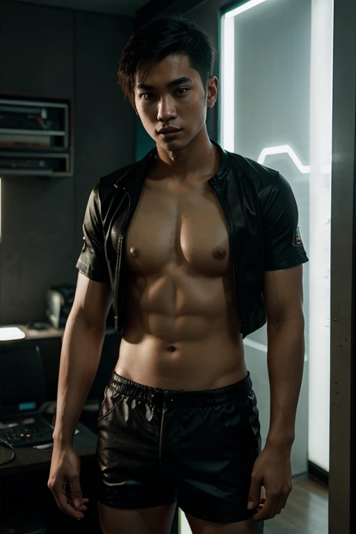 handsome young man,Take off your shirt.,Cyberpunk shorts,Asian people,ager, cyberpunk room backdrop