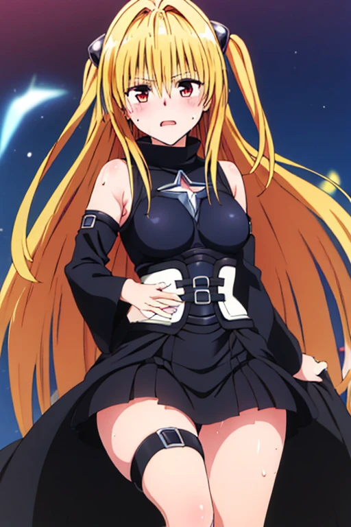 (masterpiece, highest quality, highest quality),One girl,konjiki no yami,Ayami, Long Hair, Both sides up, hair ornaments, Exposing shoulders, Black Dress, Clothing cutouts, Removable sleeves, belt, Thigh straps,Apply blush all over the face,Sweaty,Surprised face,