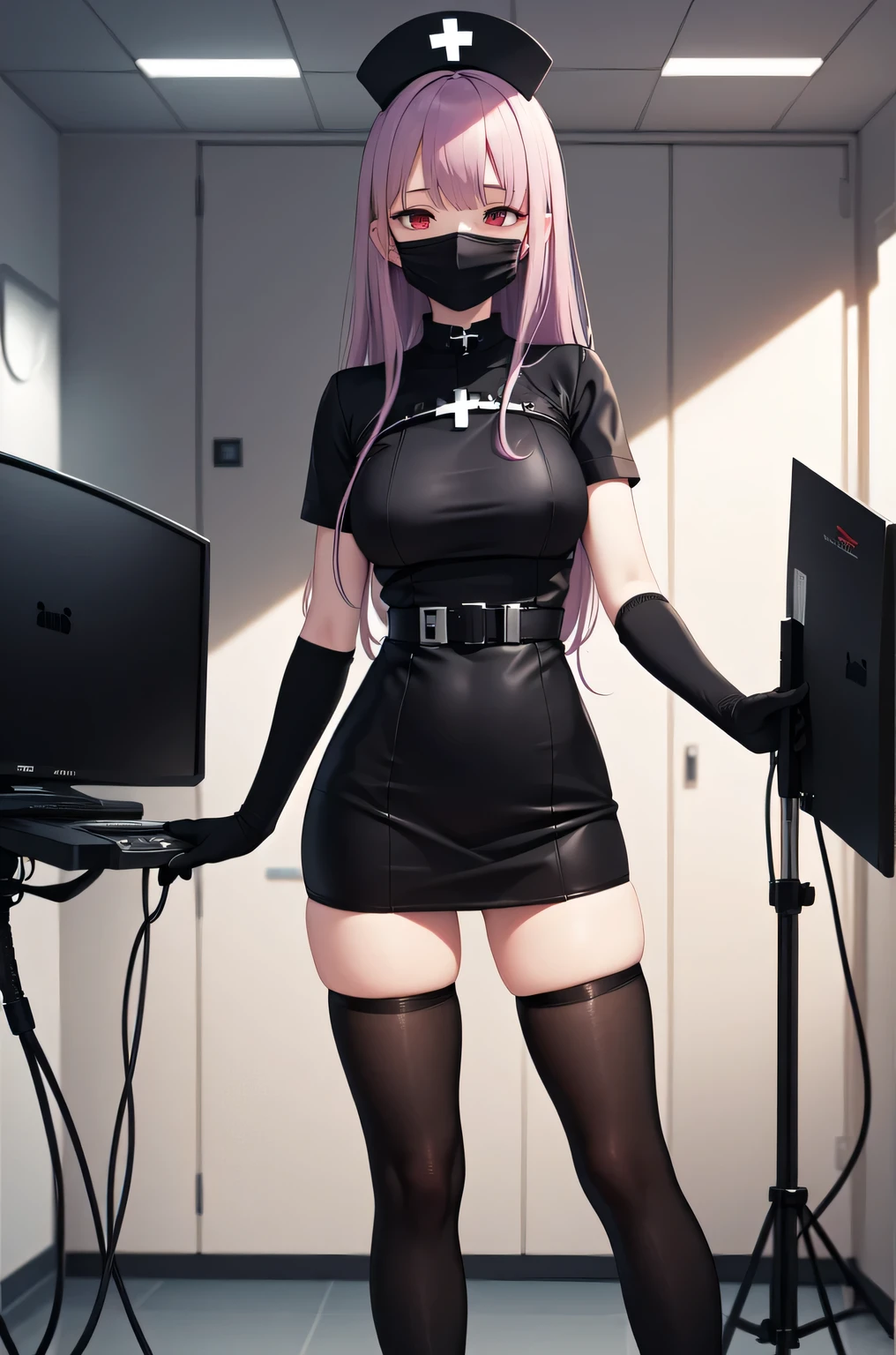 black nurse, 1woman, solo, black nurse cap, black nurse uniform, ((black legwear, zettai ryouiki)), black elbow gloves, long hair, purple hair, red eyes, ((black surgical mask, covered nose)), standing, ((surgery room)), sharp outline, short sleeves, mature female, 35 years old, best quality, masterpiece