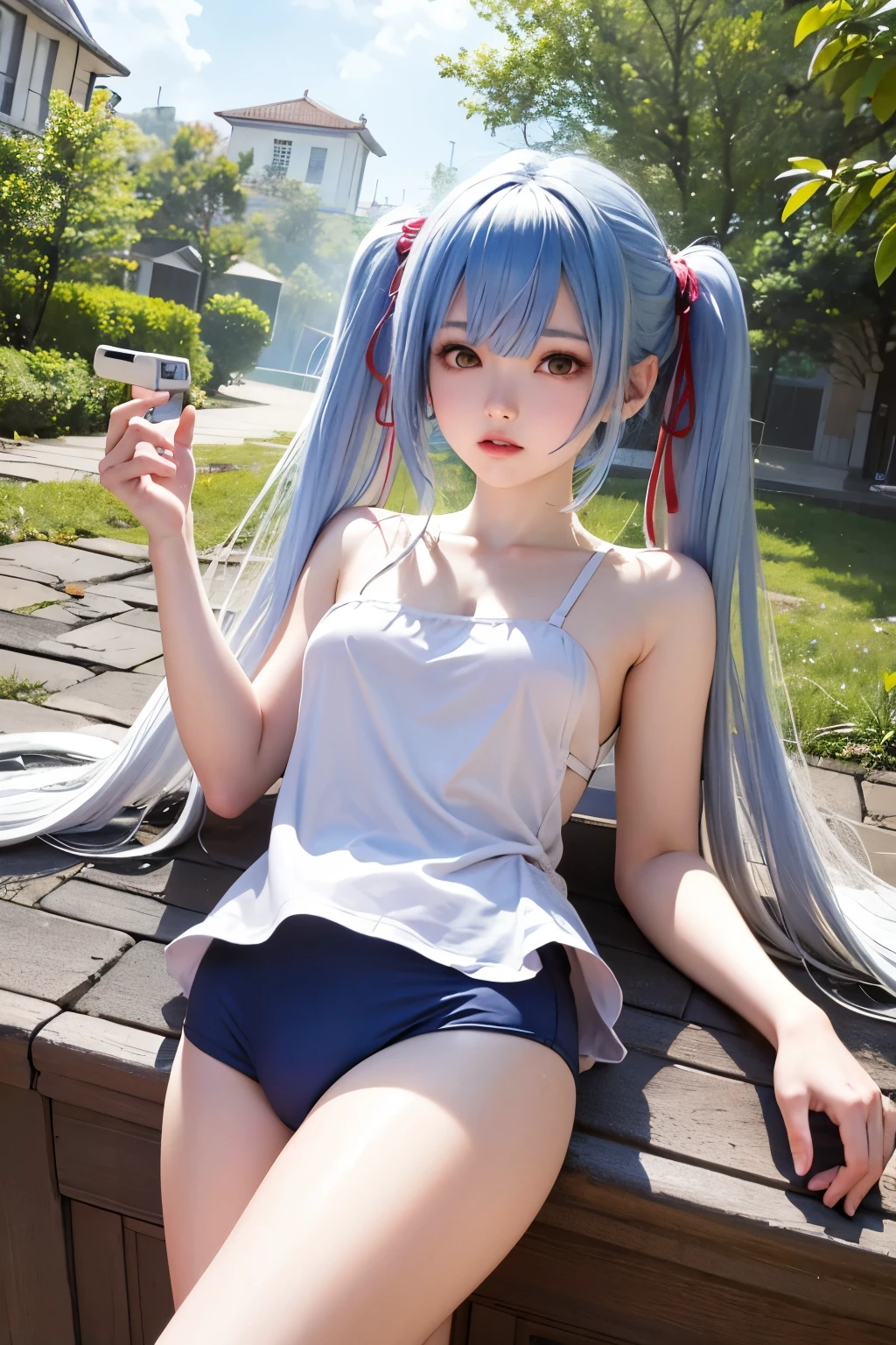 ((masterpiece)), (anime:1.3), ((highest quality)), (RAW Photos: 1.2), (High resolution:1.3), (Professional photography:1.2), From above, Textured skin, Cinema Lighting, (Very unmanageable hair), Very happy smile, Light silver hair, Big eyes, Cute beautiful girl, break, ((highest quality)), Beautiful ruins with lush vegetation and flowers, Naked Apron、School Swimsuit、Young Wife,See-through,Short length,Confused Eyes,Open your eyes a little、blonde、Terra, Erin,Thighs,Braid,White to red hair color gradation,Looks sleepy,Blue ribbon with white embroidery,Red pattern,Glare,Also々Shii,The tips of the hair are on fire、Side net,mini skirt,whole body,Panty shot、Looking up from below,nice,Twin tails
