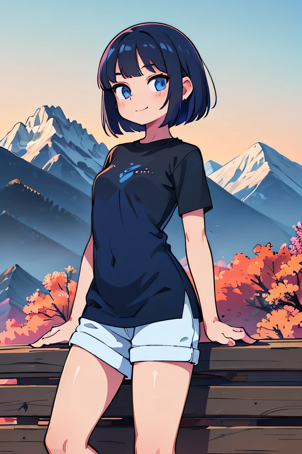 (Ultra bright color, Masterpiece, Best quality, blossom, Warm, soft light, modern, Hi-tech), 1 girl, One, standing tall, full length, (mountains background:1.4), black T-shirt without print, beautiful detailed face, slight smile, (blue) Medium hair, (detailed (blue) Ruby eyes), young, small breasts