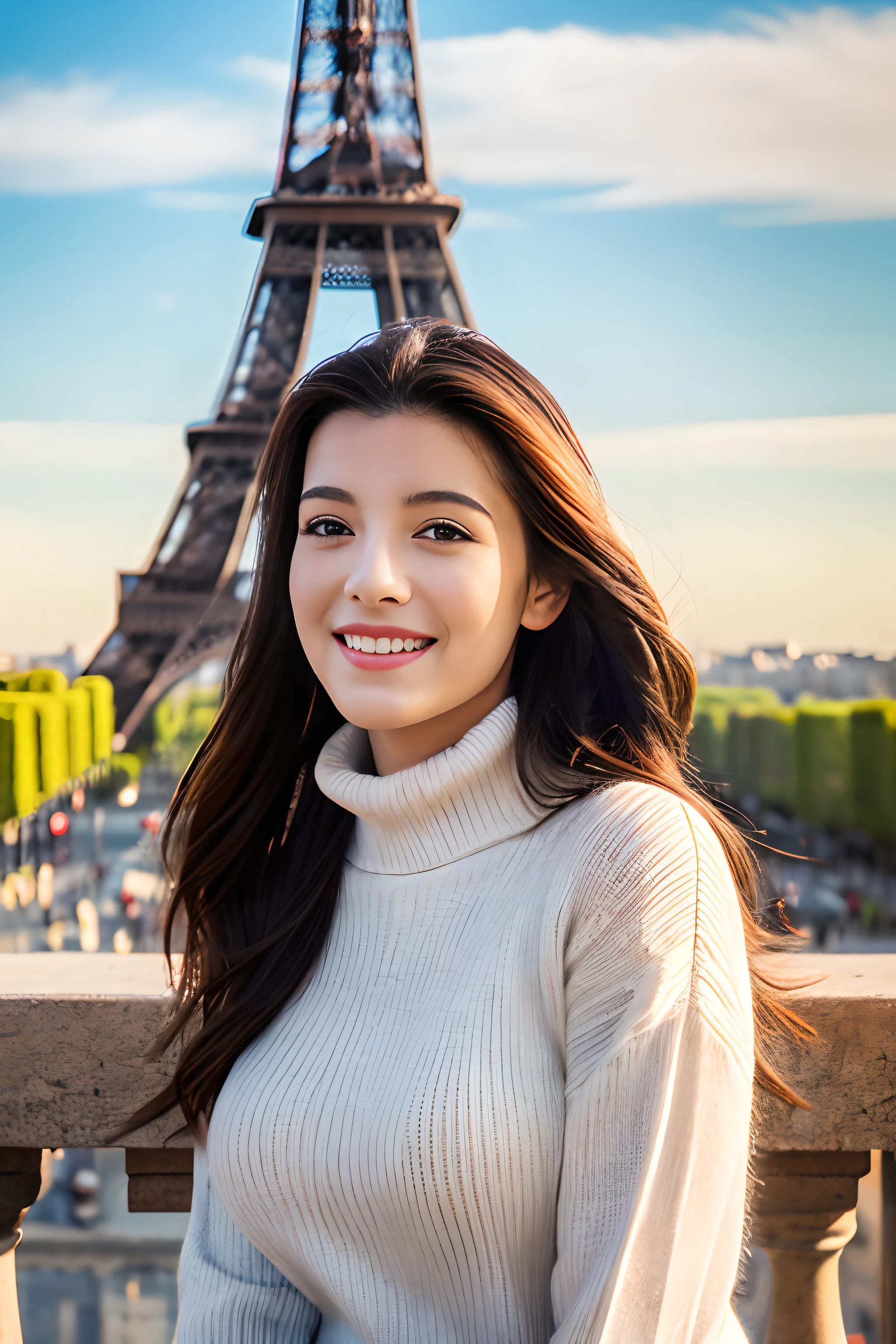 (8k, best quality, masterpiece:1.2),
(Practical, photo-Practical:1.37),
Super detailed,
1 girl, whole body, Standing in Paris wearing a turtleneck sweater and tight jeans, With the Eiffel Tower in the background,
Lovely,Solitary,
Beautiful and detailed sky,
(Smile:1.15),(Shut up),
Small Breasts,
Beautiful and delicate eyes,
(Long hair:1.2),
Flowing HairNovaFrogStyle,