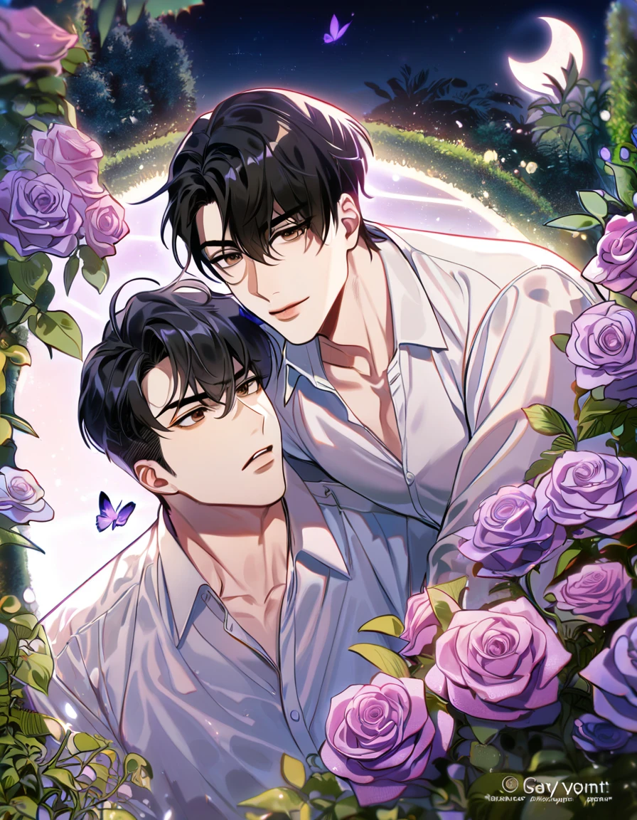 (absurdres, highres, ultra detailed, HDR) master piece, best quality, perfect face, straight black hair, Kim Dokja x Yoo Joonghyuk, black hair, expressive brown eyes, Omniscient reader's viewpoint, two sexy men together, gay couple, yaoi, handsome, moon, purple butterflies, purple roses, garden