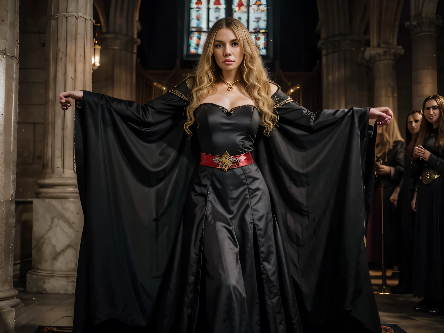 dark soul, dim light, old church, mature female, slim, tall, long blonde curly hair, long black cape, red leotardy long skirt, long skirt with diamond, gold bracelet, 8k, Official style, European aristocracy, 