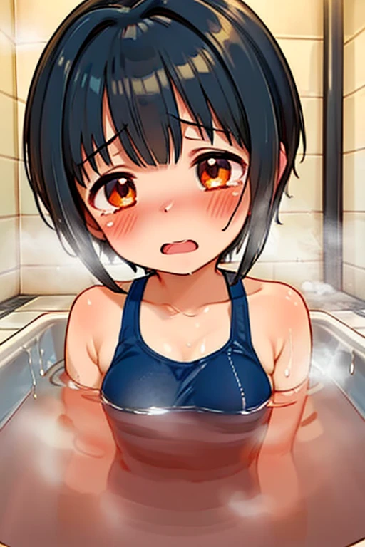 masterpiece,highest quality,Very detailed,One girl,alone,Scared,Panic,The pupils constrict,shout,Raise your eyebrows,Are crying,Eyes Wide Open, School Swimsuit, One piece swimsuit, Idol Master, Miho Kohinata, Black Hair, Short Hair, Watery eye, Punishment, Crying face, scream, I am in agony, Desperately struggling, whole body, shame, boiling water，steam, whole bodyが水槽の中, Bright red skin, Withstands the heat, Being boiled, Boiled in a pot,Ironing, Transparent bathtub
