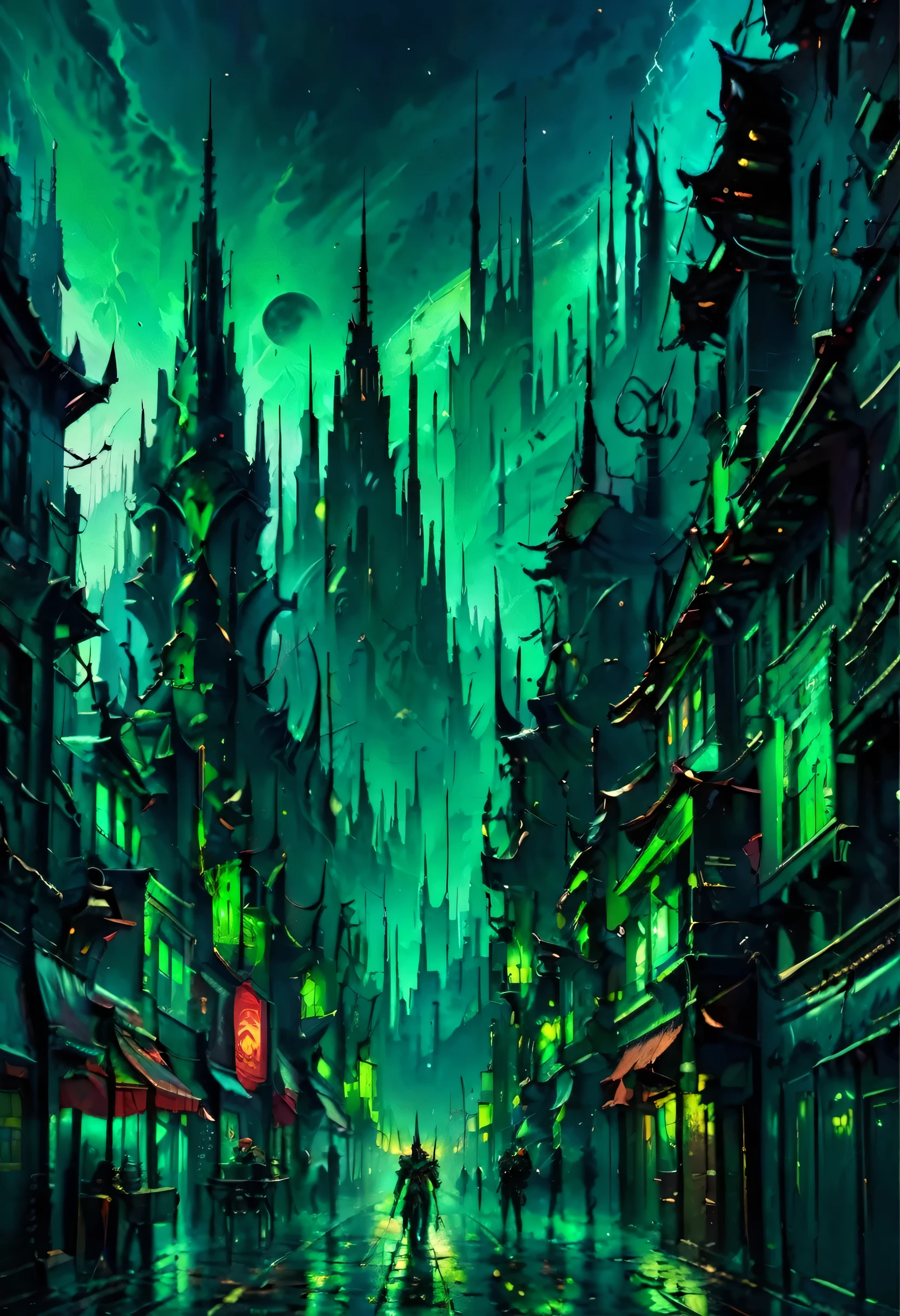 A random street of Commorragh, dark, few neon lights in green, minimal trash on the sides, dark eldar in the distance, chains connecting the façades of the buildings, drukhari, buildings are spikey and spires, sky is swirly with planets close by, (dark environment:1.3), gloomy, death, Commorragh, drukhari, dark eldar